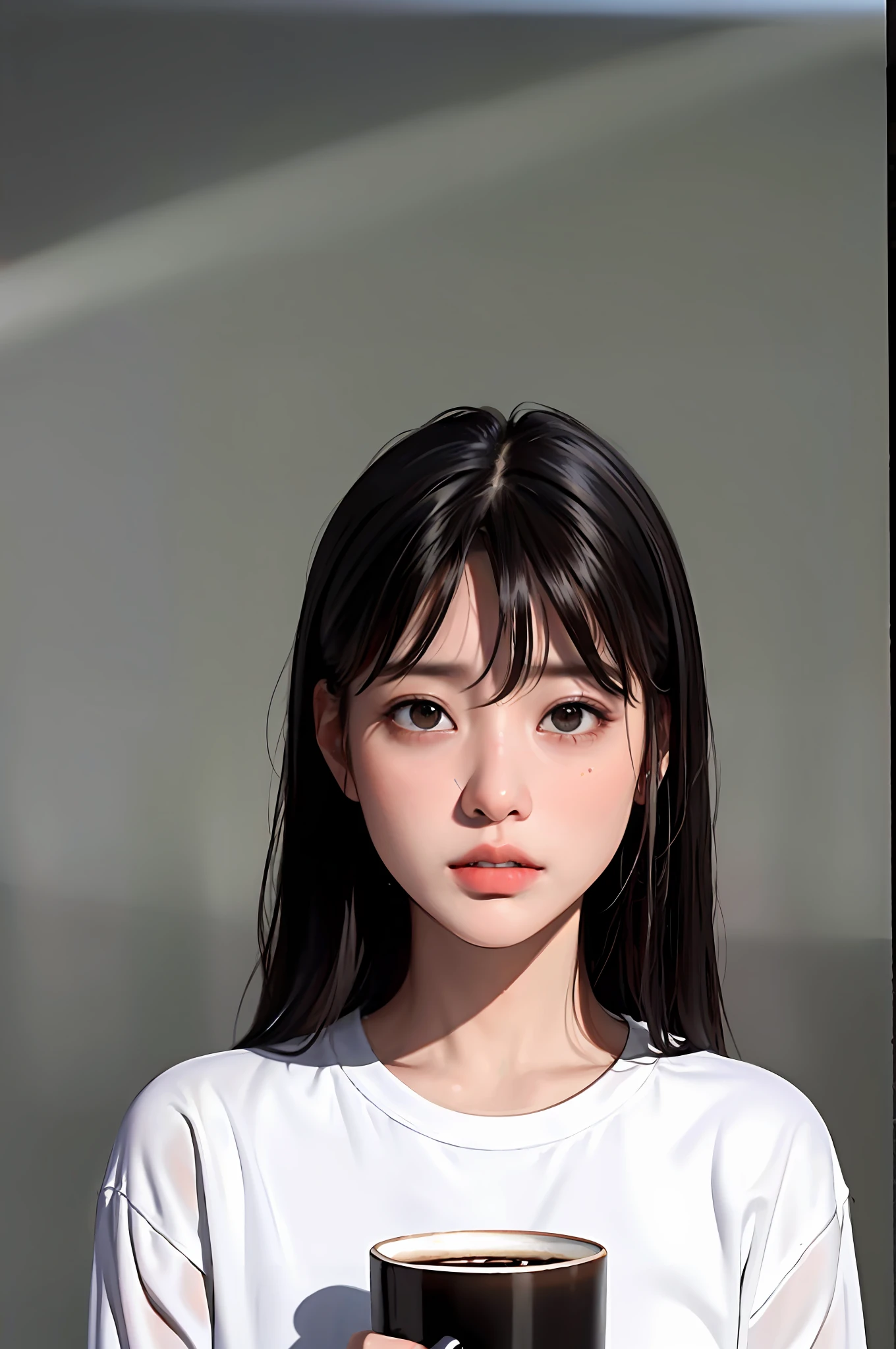 masterpiece, best quality, (dark photo: 1.3), photorealistic, 1girl, flat bangs, stunning innocent symmetrical face, shirt, emotional, orchan, (PureErosFace_V1:0.7), while drinking coffee, enako, rain, reflecting light