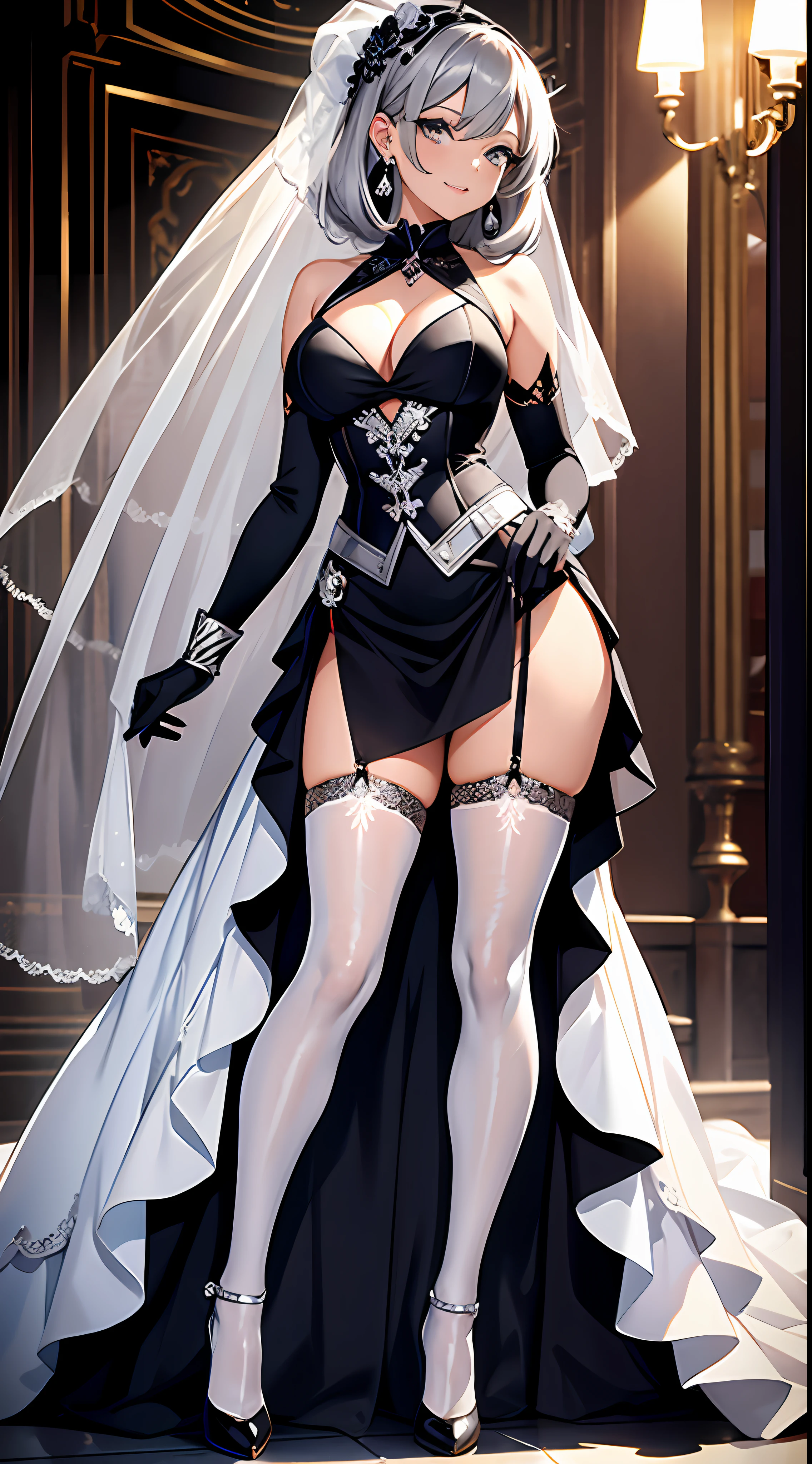 "Full body photo, two-dimensional painting style of meticulous smoky makeup girl, coiled hair, hair accessories, earrings. Her eyeshadow is shining, and she has a sweet smile on the corners of her mouth. Wearing a wedding dress, veil, gloves and suspender white stockings, silver high heels on her feet. She squats with her legs open, random scenes. "