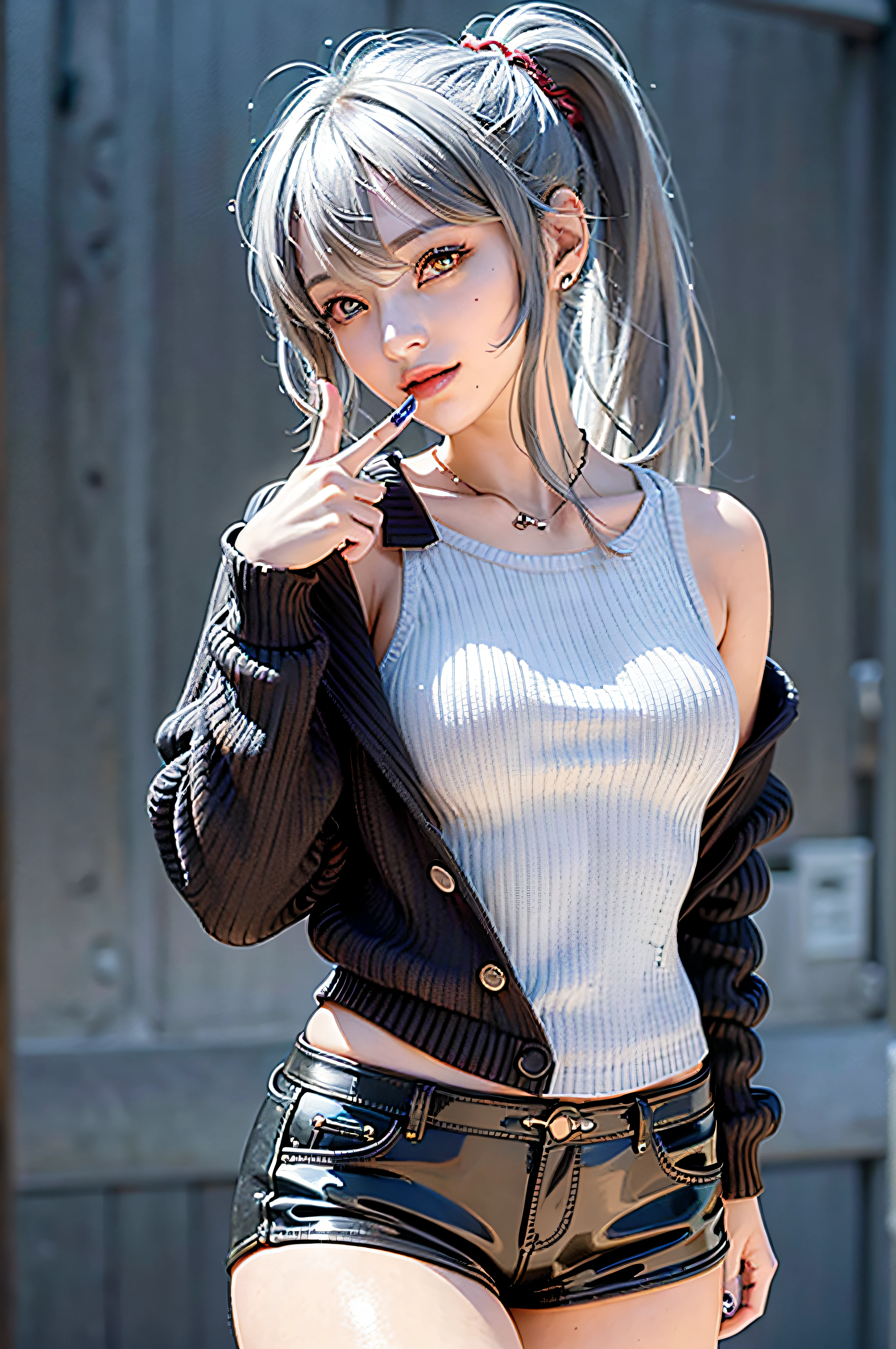 1girl,masterpiece,highest quality,futao (genshin impact),butao,ponytail,brunette,solo,symbol pupil,long hair, finger heart, bangs, black shorts,(highly detailed CG unity 8k wallpaper), (masterpiece), (top quality), (super detailed), (best illustration), (best shadow), (realistic:1.4), 1girl on street, Kpop idol, ((very oversized sweater, button sweater, open sweater), (gray hair:1.1), collarbone, (middle breast: 1.3), viewer, smile, whole body, (latex clothes, Latex tights, soft smile, smooth texture of clothes),