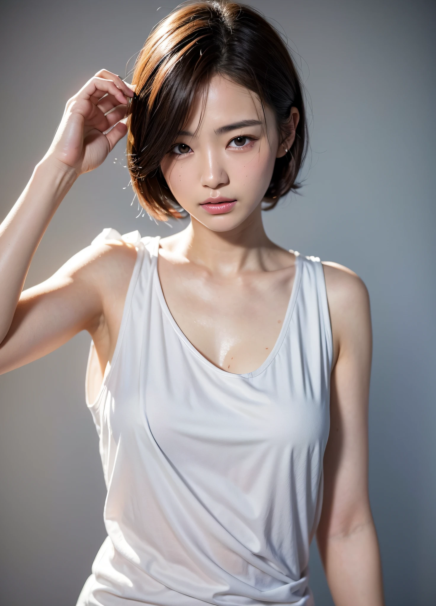 Beautiful Japanese girl, ((top quality, 8k, masterpiece:1.3)), wet white shirt , sleeveless , pretty , short hair, 1 girl, medium breasts:1.1, wet face, slender figure:1.1, elastic dark brown hair, grey background  , wet body, wet white clothes:1.1), very detailed face, detailed lips, detailed eyes, double eyelids