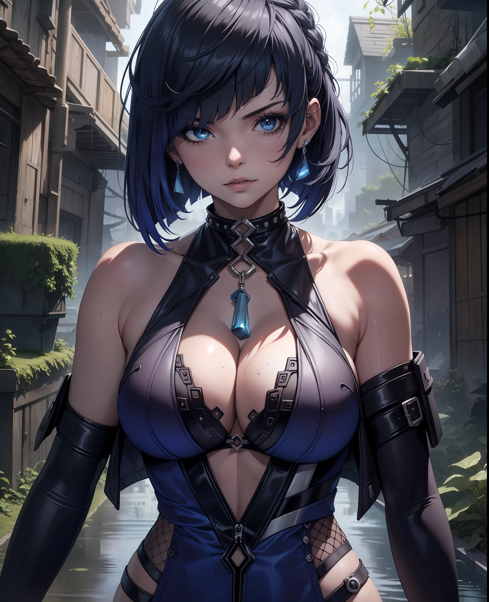 Armpits, Closeup, Best quality, masterpiece, futuristic garden, 1girl, solo, sexy halter neck sleeveless outfit, femme fatale, beautiful, sexy, mature, cool, stylish, gorgeous, seductive, cleavage, night, wet, mysterious, dystopian, beautiful detailed background, ethereal, surreal, atmospheric, shanty towns
