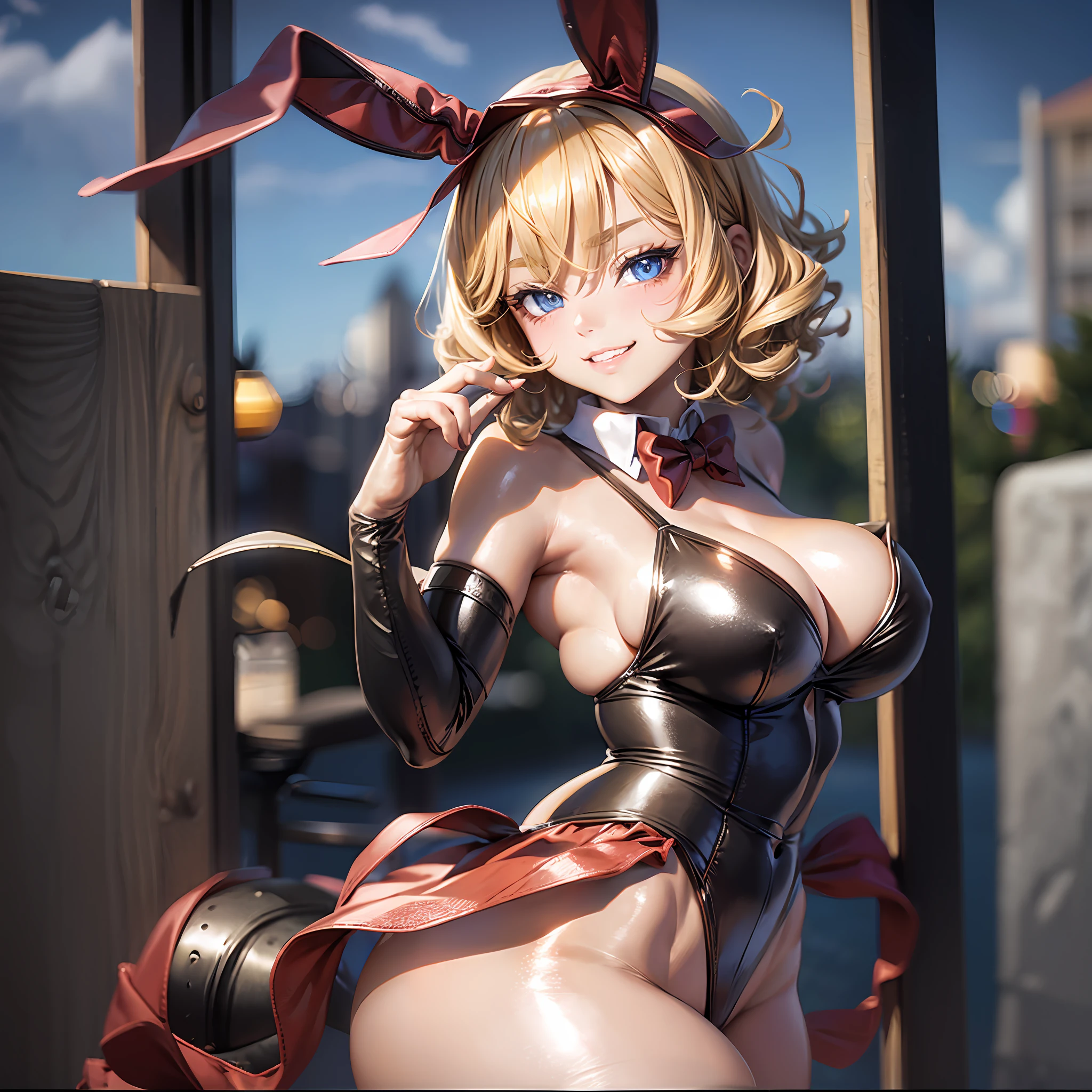1girl, (Medicine Melancholy, blonde hair, short hair, wavy hair, silver-blue eyes, thick eyelashes, red ribbon, red bow, leotard, black leotard, playboy bunny, bunnysuit, fake animal ears, bunny ears), lily-of-the-valley field, huge breasts, ass, thick thighs, wide hips, looking at the viewer, seductive grin, meadow, looking at viewer, pantyhose