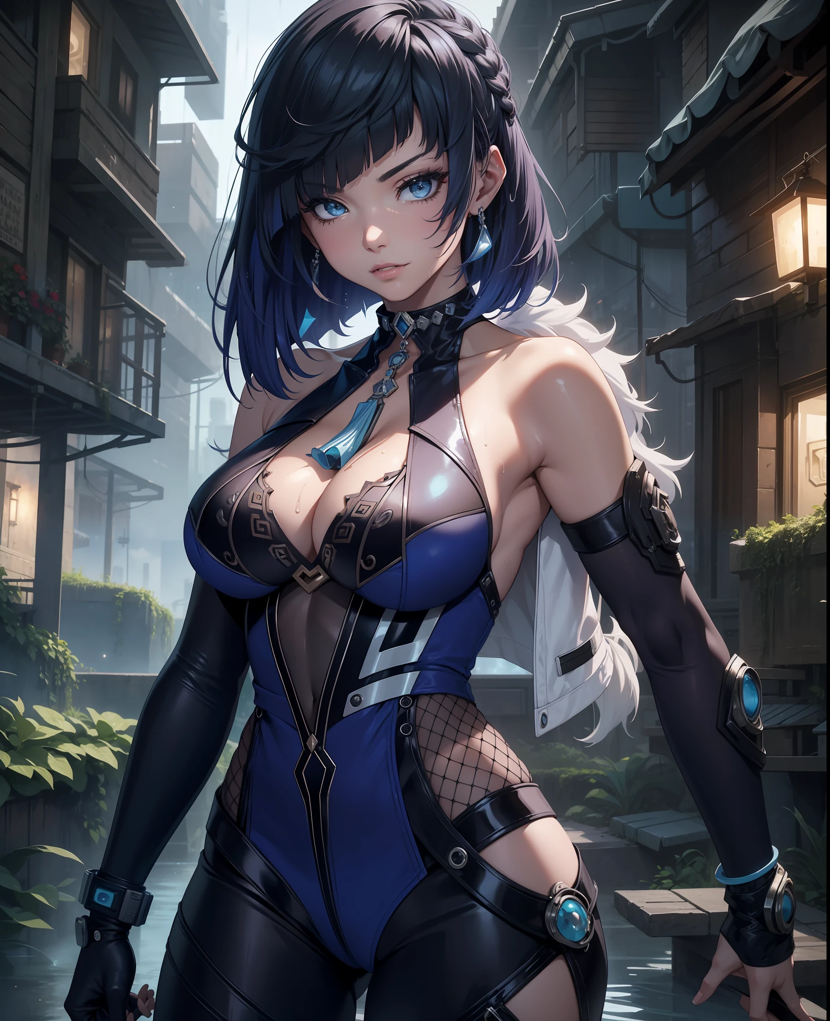 Armpits, Closeup, Best quality, masterpiece, futuristic garden, 1girl, solo, sexy halter neck sleeveless outfit, femme fatale, beautiful, sexy, mature, cool, stylish, gorgeous, seductive, cleavage, night, wet, mysterious, dystopian, beautiful detailed background, ethereal, surreal, atmospheric, shanty towns