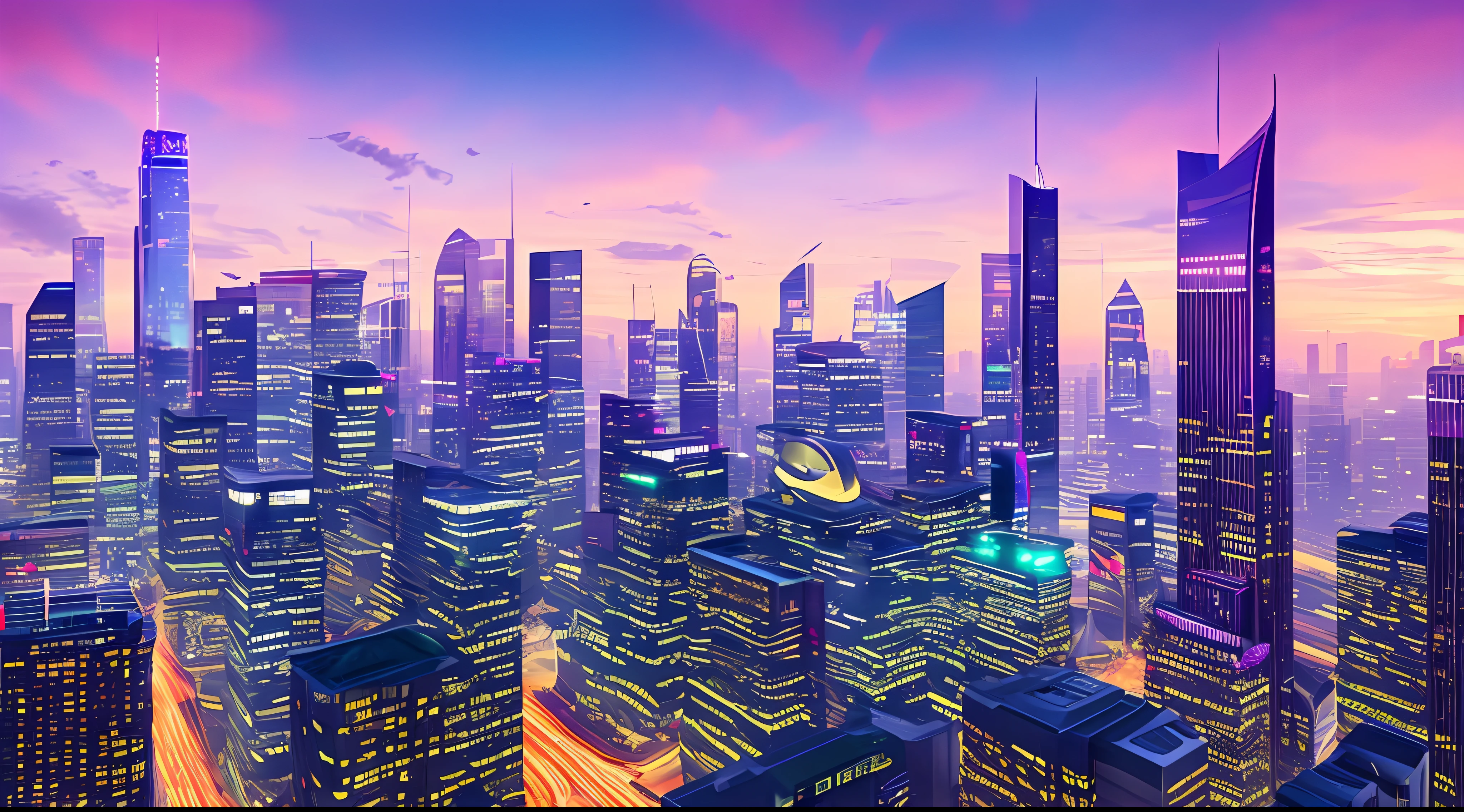 Style: Concept art. The scene: Futuristic cityscapes with towering skyscrapers and sleek aerodynamic vehicles speeding through the air. High-resolution OLED GUI interfaces in the building's windows are filled with transparent data visualization infographics showing everything from weather patterns to traffic flow. Colors are saturated and vibrant, with warm pinks and purples dominating the skyline. The overall effect is both beautiful and awe-inspiring.