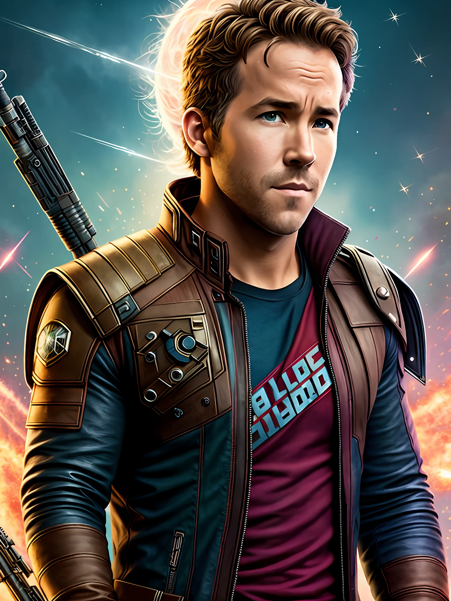 Ryan Reynolds as Starlord from Guardians of the Galaxy, realistic, photorealistic, perfect, best quality, masterpiece, detailed, 8k, cinematic