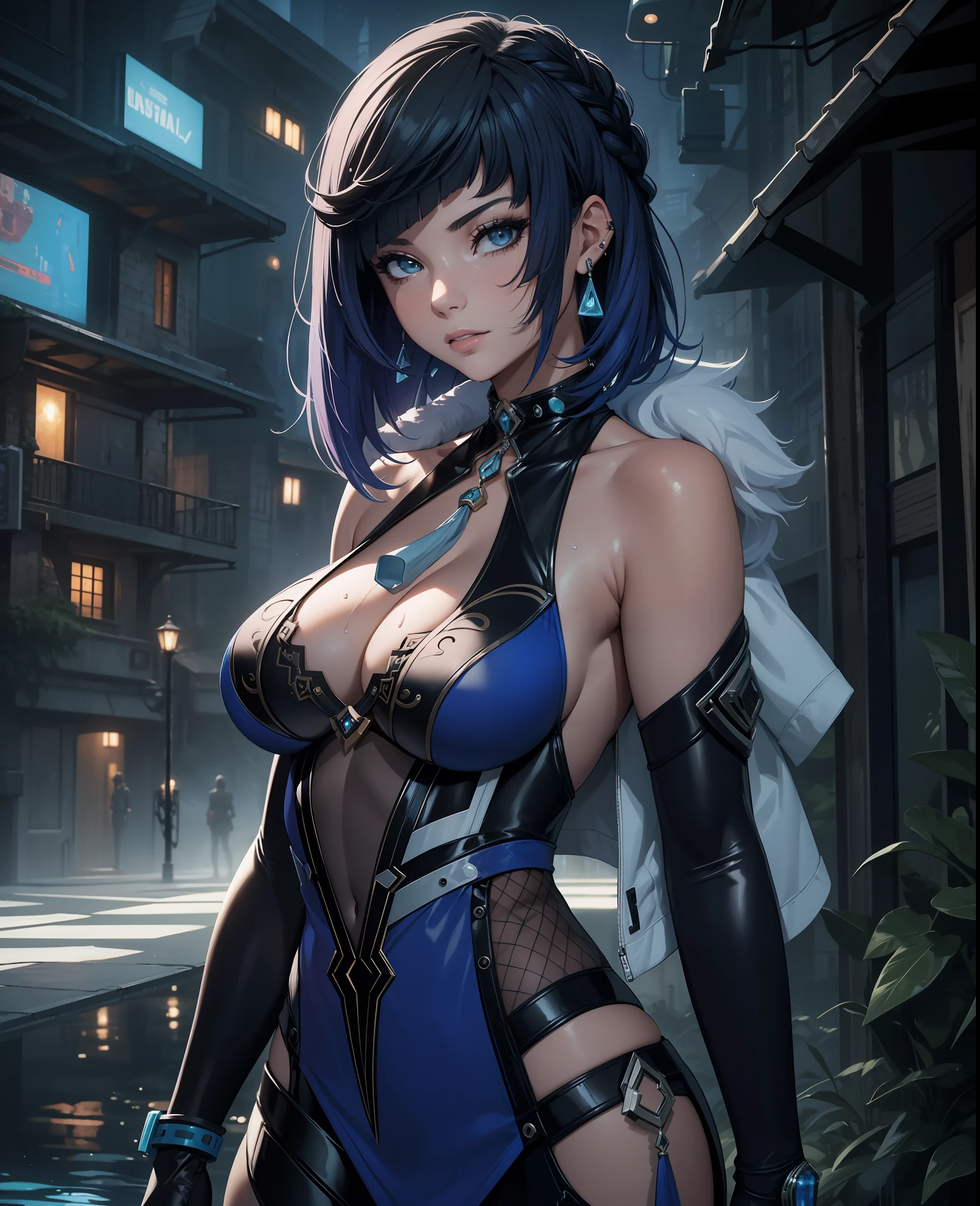 Closeup, Best quality, masterpiece, futuristic garden, 1girl, solo, sexy halter neck sleeveless outfit, femme fatale, beautiful, sexy, mature, cool, stylish, gorgeous, seductive, cleavage, night, wet, mysterious, dystopian, beautiful detailed background, ethereal, surreal, atmospheric, shanty towns