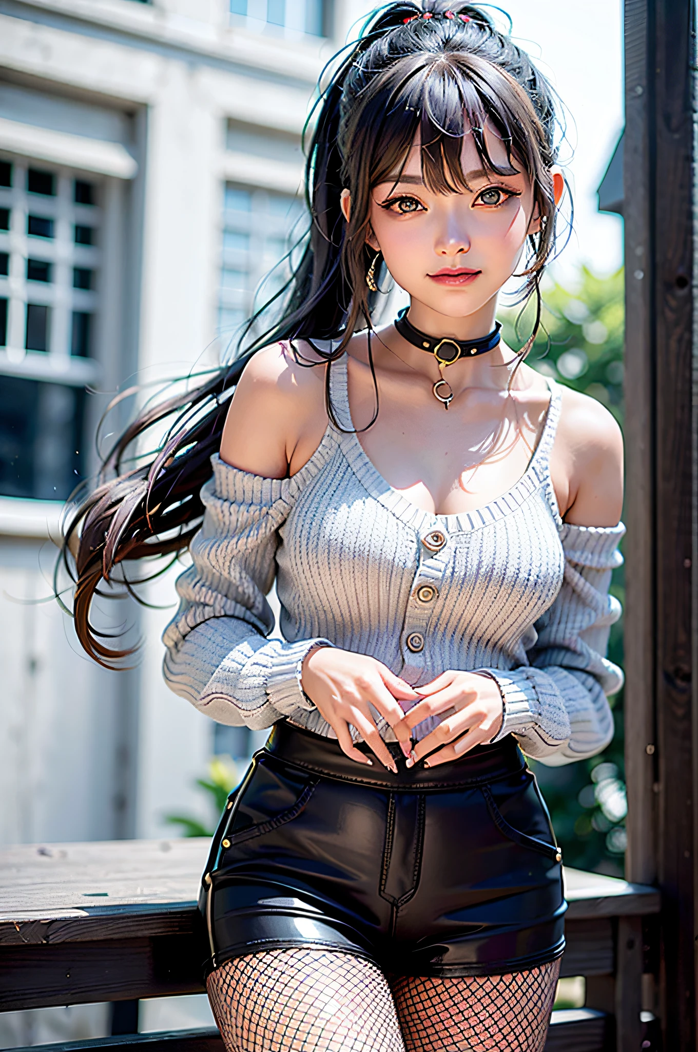 1girl,masterpiece,highest quality,futao (genshin impact),butao,ponytail,brunette,solo,symbol pupil,long hair, finger heart, bangs, black shorts,(highly detailed CG unity 8k wallpaper), (masterpiece), (top quality), (super detailed), (best illustration), (best shadow), (realistic:1.4), 1girl on street, Kpop idol, ((very oversized sweater, button sweater, open sweater), (gray hair:1.1), collarbone, (middle breast: 1.3), viewer, smile, whole body, (latex clothes, Latex tights, soft smile, smooth texture of clothes),
