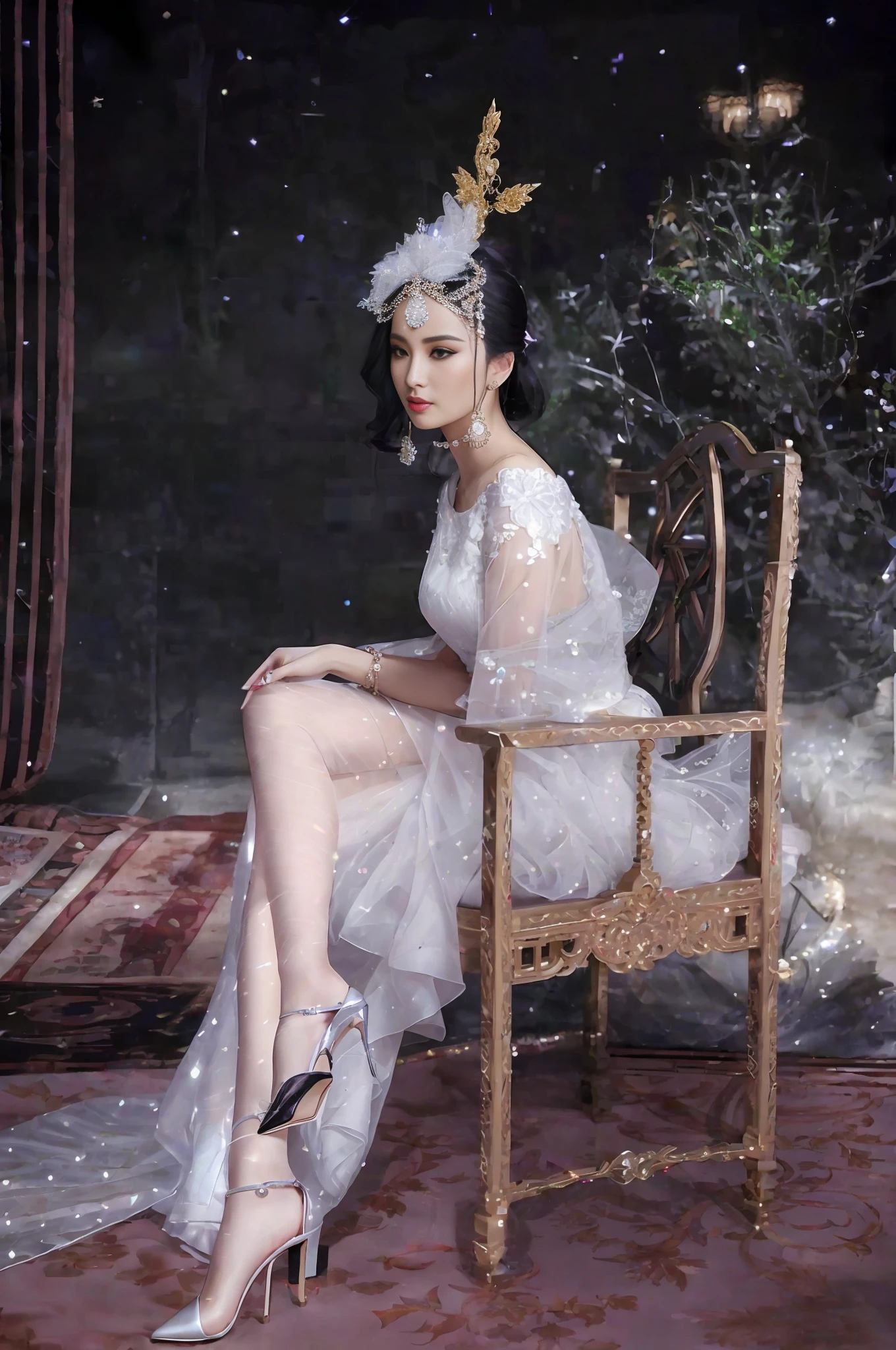 Pink skirt woman sitting on chair, long legs, bandeau long skirt, hanfu, black stockings, black stockings, black stockings, proud look, high heels, one high heel taken off, tall figure, dungeon, dungeon, dungeon, interrogation room, interrogation room, interrogation room, interrogation room, interrogation room, interrogation room, a high heel dropped on the ground, a high heel dropped on the ground, side chest exposed, side chest exposed, ultra-realistic 8k CG, perfect artwork, (((perfect female image)), mature woman, mature woman, narrow waist, Chinese goddess, looking at the audience, seductive pose, sexy pose, seductive, clean, beautiful face, pure face, pale skin, black hair, glasses, wearing glasses, divine goddess, shiny skin, skin dents, lace, lace trim, lace-trimmed tights, delicate patterns, intricate details, (rich: 1.4), prestige, gorgeous, jewelry, gemstones, gold, silver, diamonds, glitter, sapphire, ruby, emerald, pearl, amber, obsidian