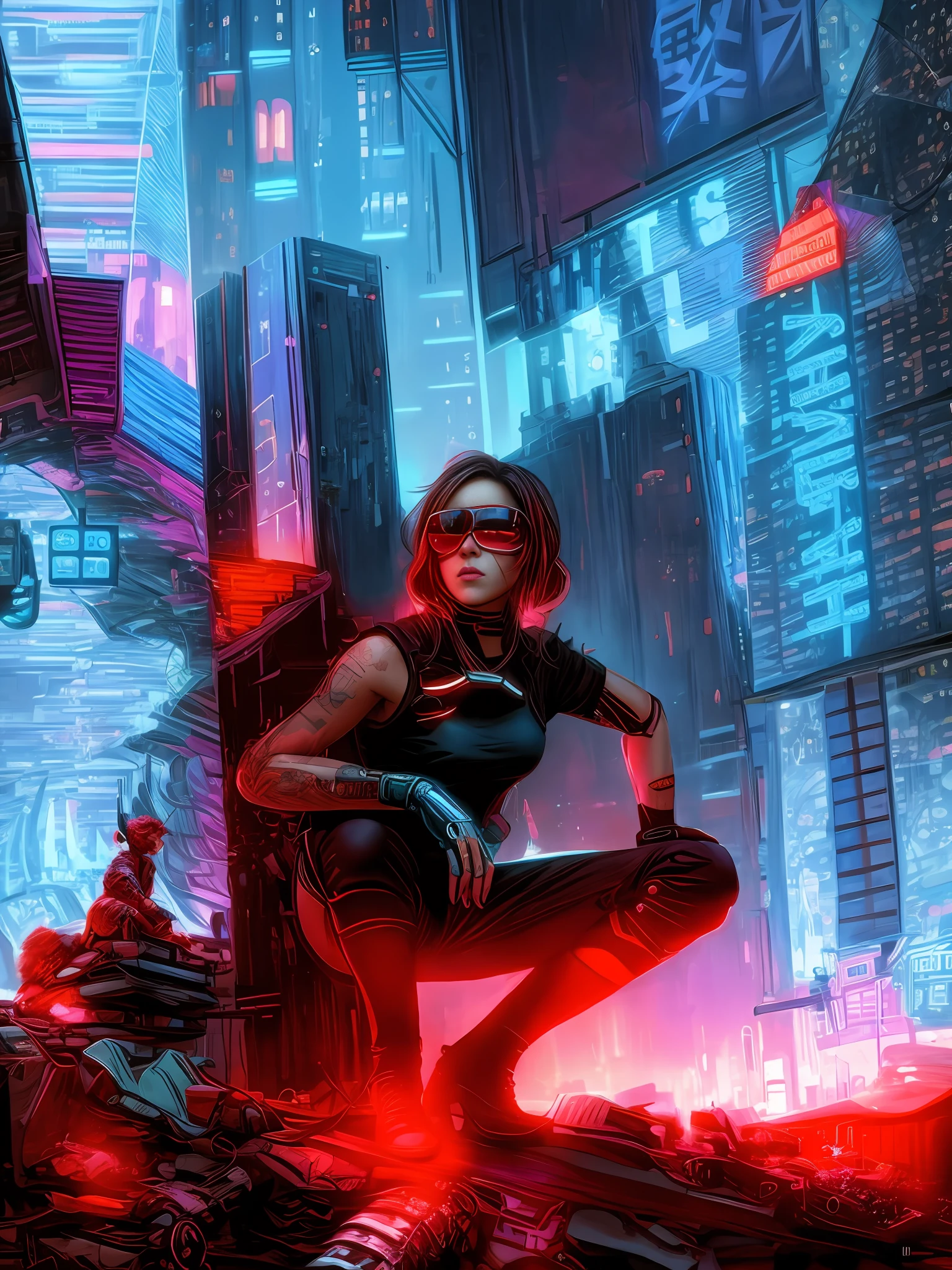 a woman in a futuristic city crouching, trash junk, cat on her back, wear red vizor, cyberpunk comic cover art, cyberpunk art style, greg beeple, cyberpunk themed art, has cyberpunk style, cyberpunk illustration, detailed cyberpunk illustration, cyberpunk anime art, digital cyberpunk - anime art, cyberpunk in a cyberpunk city, in cyberpunk city, hyper-realistic cyberpunk style, digital cyberpunk anime art, cyberpunk art