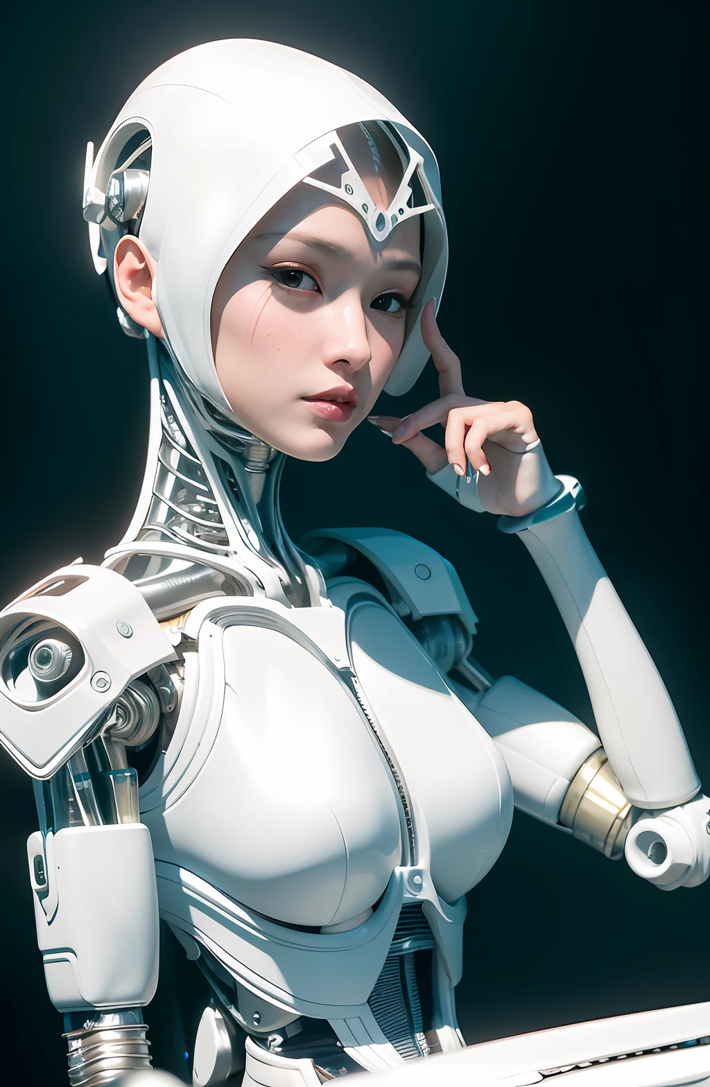 complex 3d render ultra detailed of a beautiful porcelain profile woman android face, cyborg, robotic parts, 150 mm, beautiful studio soft light, rim light, vibrant details, luxurious cyberpunk, lace, hyperrealistic, anatomical, facial muscles, cable electric wires, microchip, elegant, beautiful background, octane render, H. R. Giger style, 8k, best quality, masterpiece, illustration, an extremely delicate and beautiful, extremely detailed ,CG ,unity ,wallpaper,Amazing, finely detail, masterpiece,best quality,official art, extremely detailed CG unity 8k wallpaper, robot, silver halmet, ((full body)), sitting