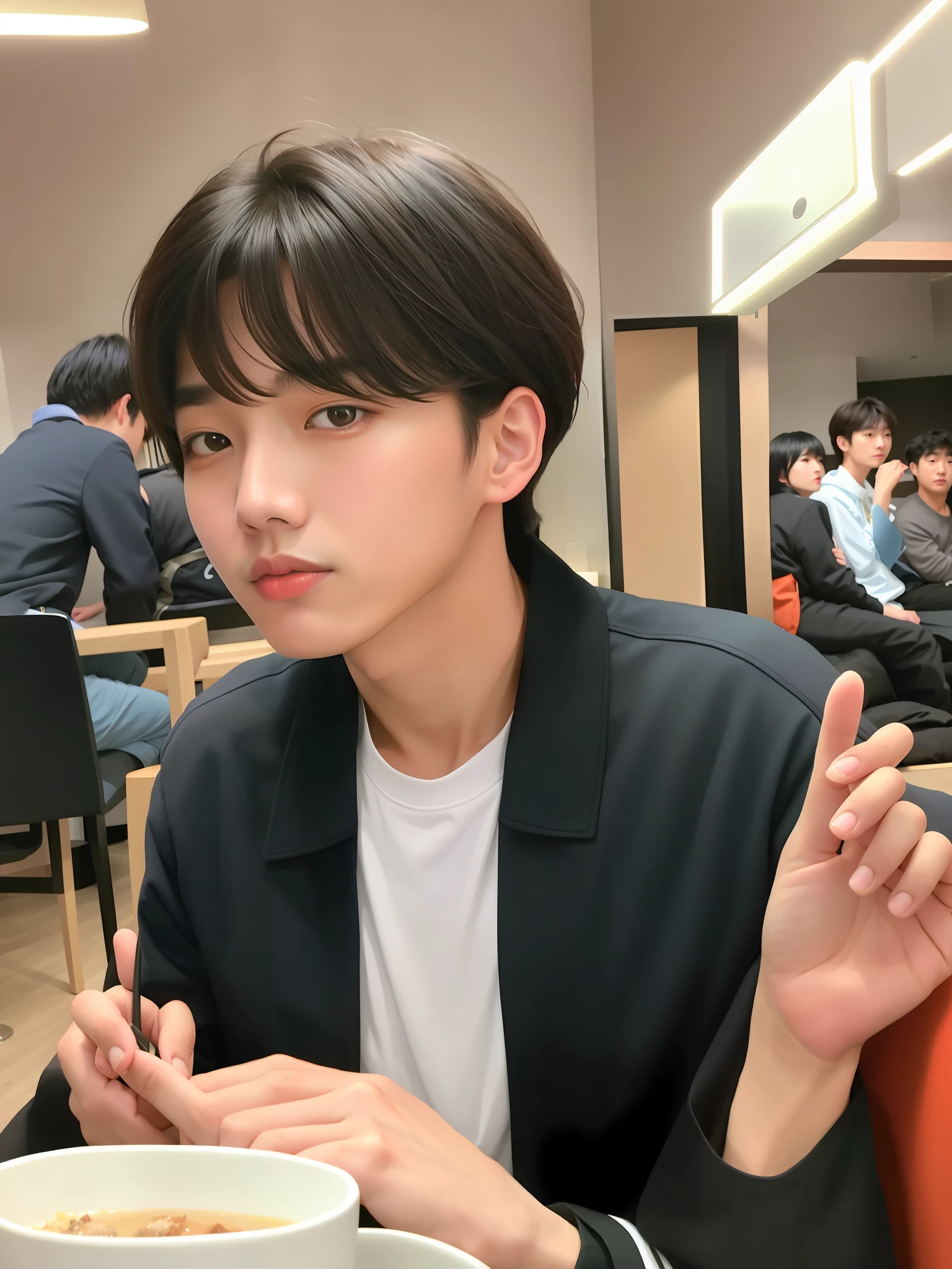 Young man, Kim Do-yeon, Yeon Wang Angel, Hyun Tae, Shin Jin-young, Nam Jae-young, taken in the early 2020s, short hair, Kim Tae-joon, profile picture of headshot, Hong Joon-hyun, Kai Shu-kun, Shin Jung-ho, background is neon Tokyo, man is sitting and looking at this, shot in a fashionable café, Tokyo night