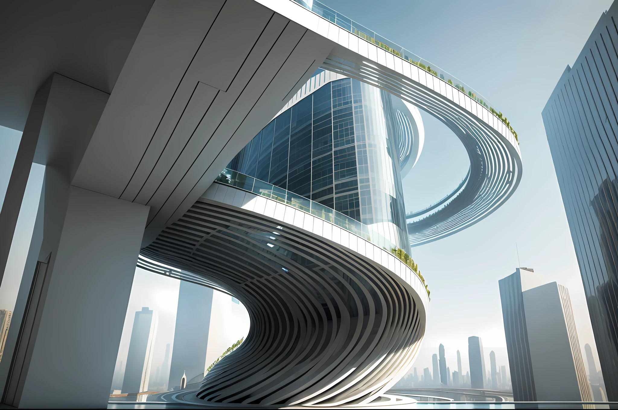 masterpiece, best quality,
The building looks like a giant twisted ribbon, curving and looping around itself. It is made of glass and steel, reflecting the light and the surrounding scenery. It has no windows or doors, only openings that lead to different levels and sections. It is a masterpiece of architecture and engineering, a stunning example of creativity and innovation.