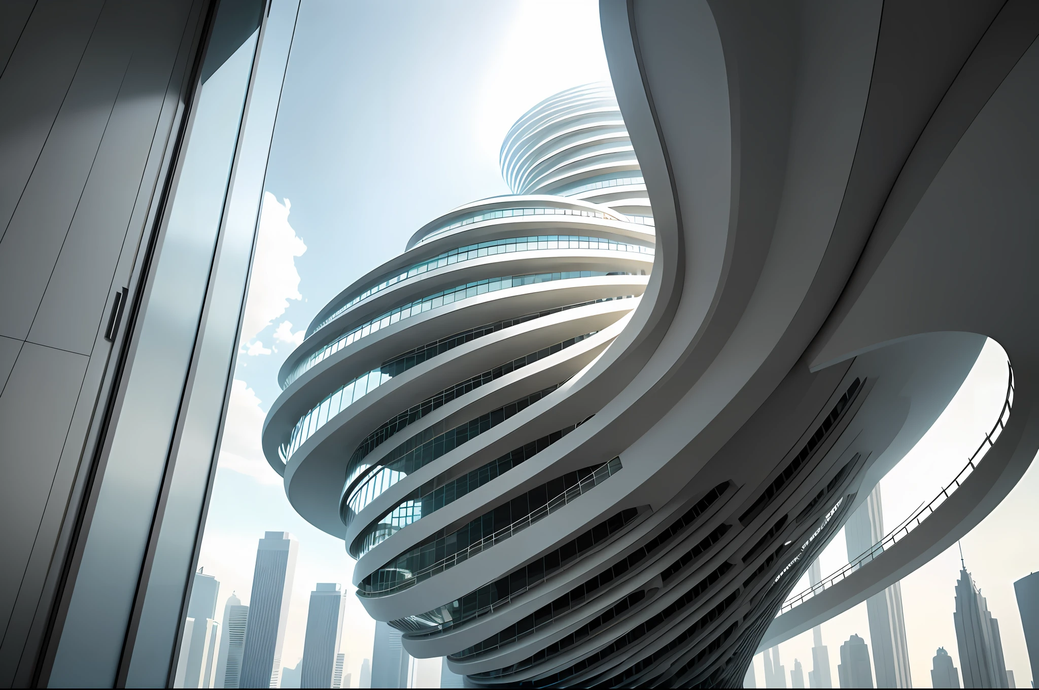 masterpiece, best quality,
The building looks like a giant twisted ribbon, curving and looping around itself. It is made of glass and steel, reflecting the light and the surrounding scenery. It has no windows or doors, only openings that lead to different levels and sections. It is a masterpiece of architecture and engineering, a stunning example of creativity and innovation.