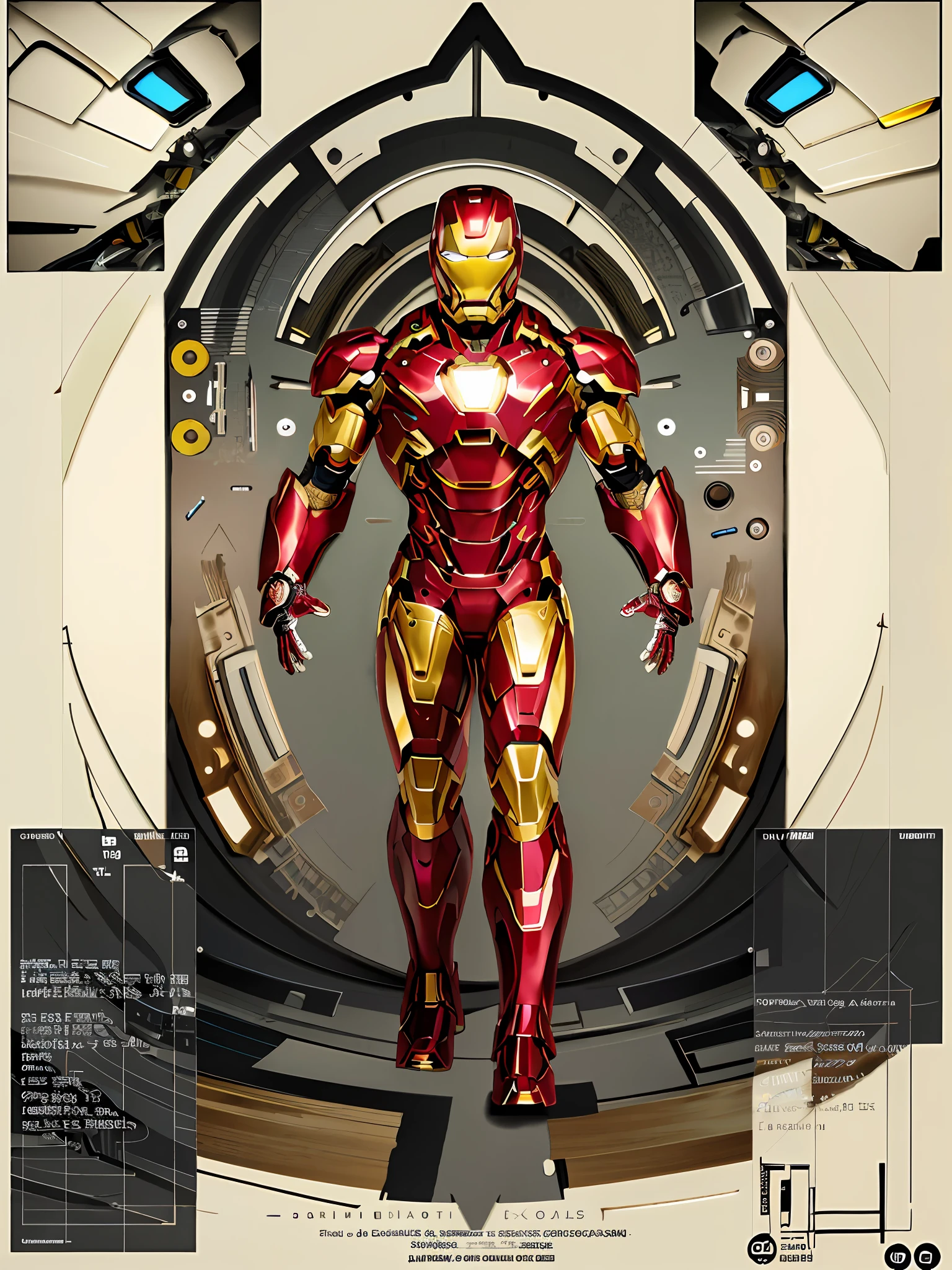 ultra-detailed,highly detailed CG illustration,extreme detailed,highest detailed,"masterpiece,
layout plan,c_jie,disassembly,iron_man,Parts laid flat,Front view,