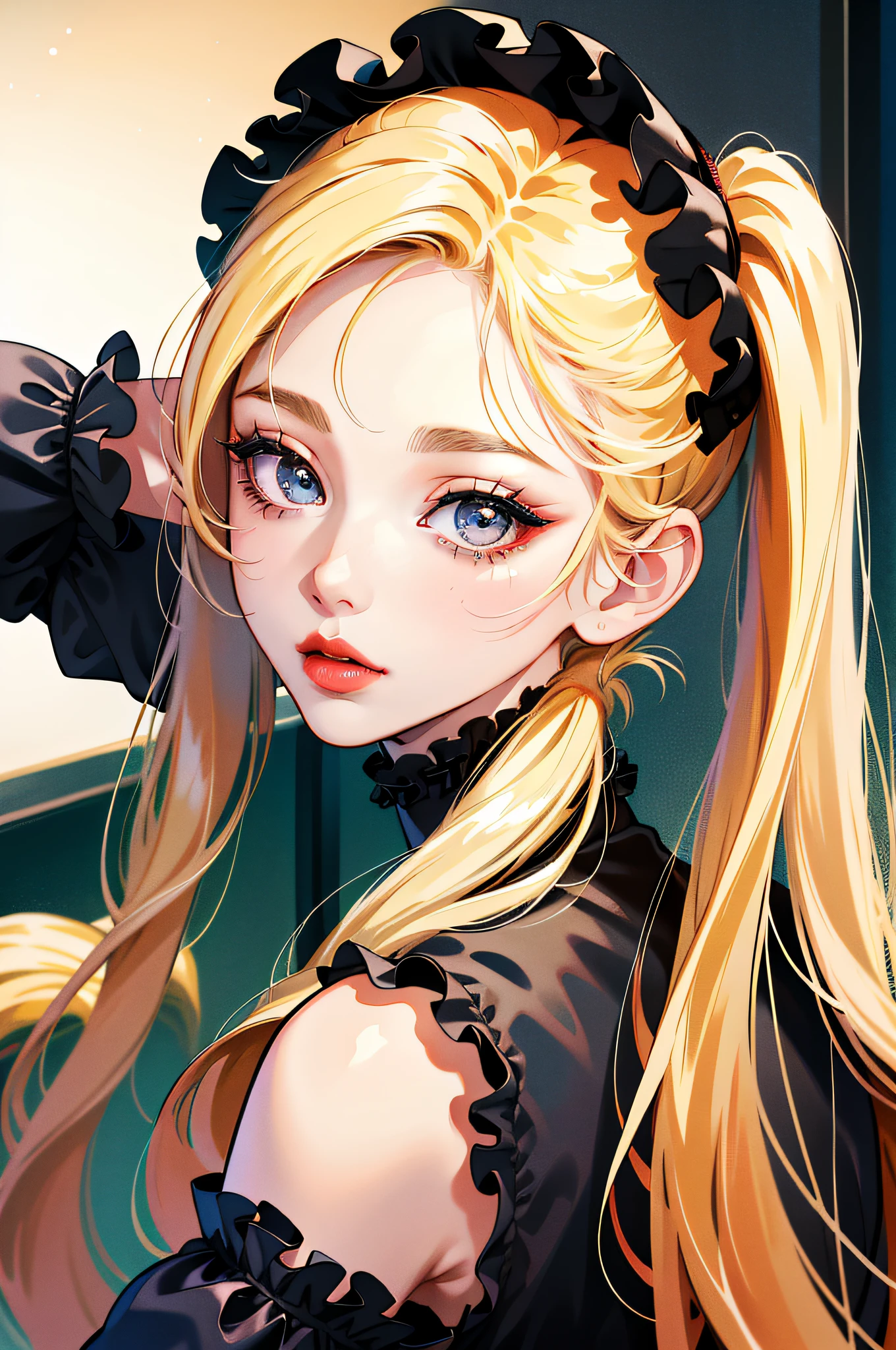 (8k, 4k, best quality, highres, ultra high res:1.1), (masterpiece, realistic, photo-realistic:1.1), 1girl,  face, close-up, twintails, blonde hair, black eyes, red lips,  (looking at viewer:2), absurdly long hair, long eyelashes, eyeshadow,  small face, big eyes,
bare shoulders,
high contrast,