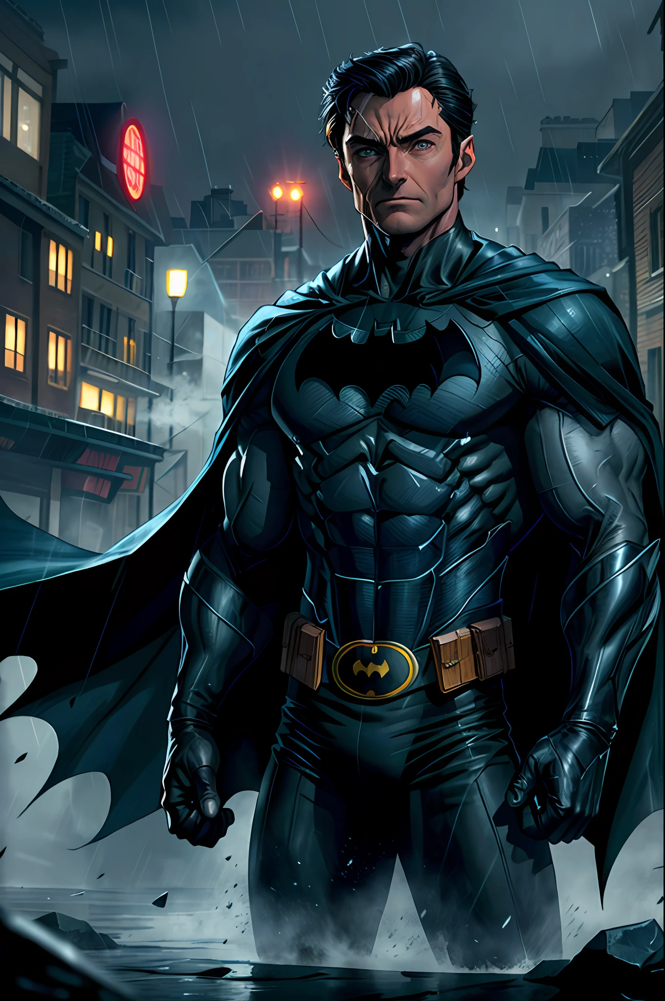AS-Younger:1 1boy, dark scene, illustration (cowboy shot of Hugh Jackman as batman), athletic, white eyes, no pupils, night city, (mist), particles, light rain, male focus, muscular, muscular male, ragged and torn cape, night, outdoors, rain, serious, dark atmosphere, detailed background, ((empty hands)), award winning, masterpiece, realistic:1.35,