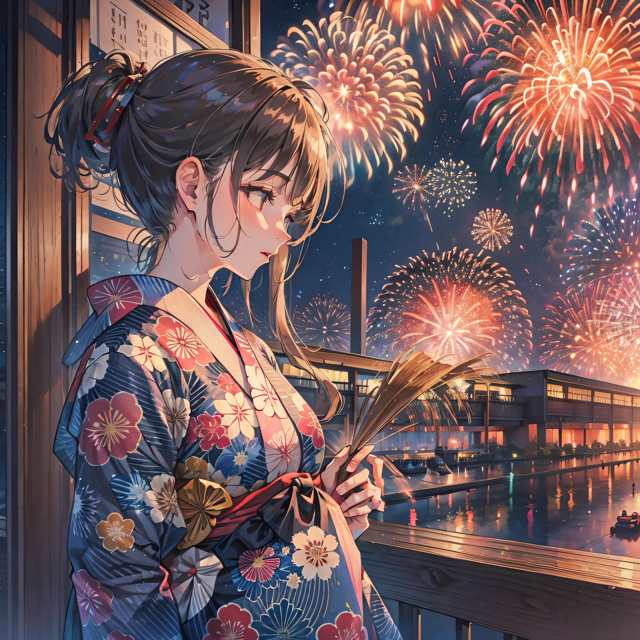 Woman looking up at fireworks in yukata on summer night --auto --s2
