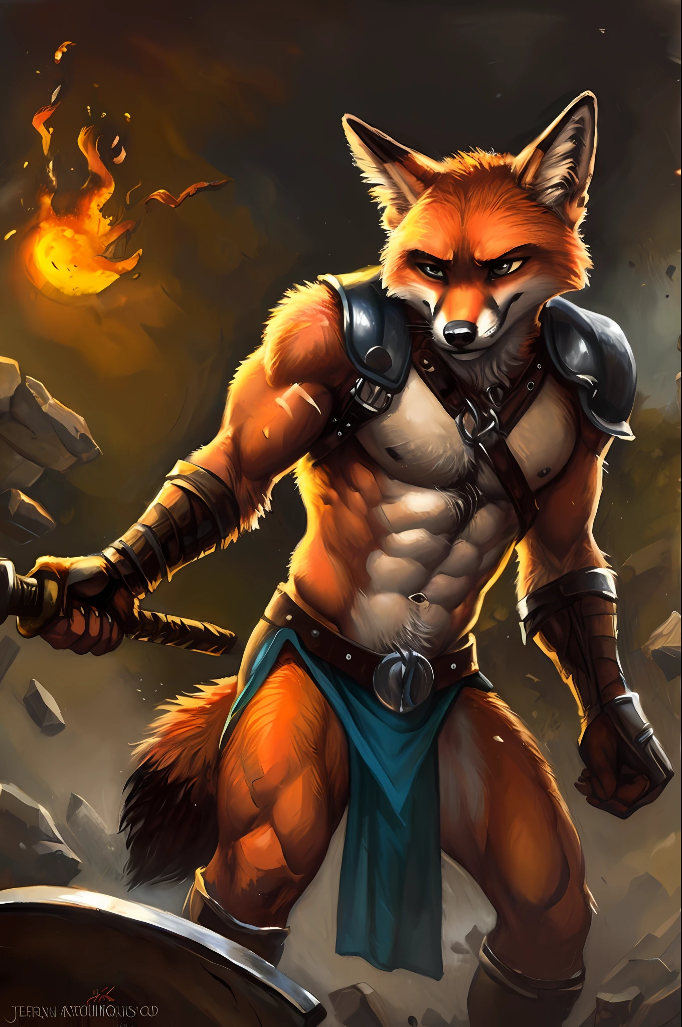 realistic, surrounded by pool of blood, an oil painting of a raging barbariananthro fox in a battle, action scene, swinging a large huge battle axe weapon, a ripped muscular male fox nick Wilde in leather barbarian armor, fox tail, (steroids:1.1) abs (muscular:1.1), (loincloth:1.1), professional quality art by (Luis Royo:1.1), Kenket, Bonifasko, Artgerm, Jeremy Mann, Greg Manchess, Antonio Moro, (Extremely Detailed Oil Painting:1.2), Hand drawn, ArtStation, intricate details, sharp focus, dramatic, photorealistic painting art by midjourney and greg rutkowski, sharp contrast, many colours, serious face, smirking,