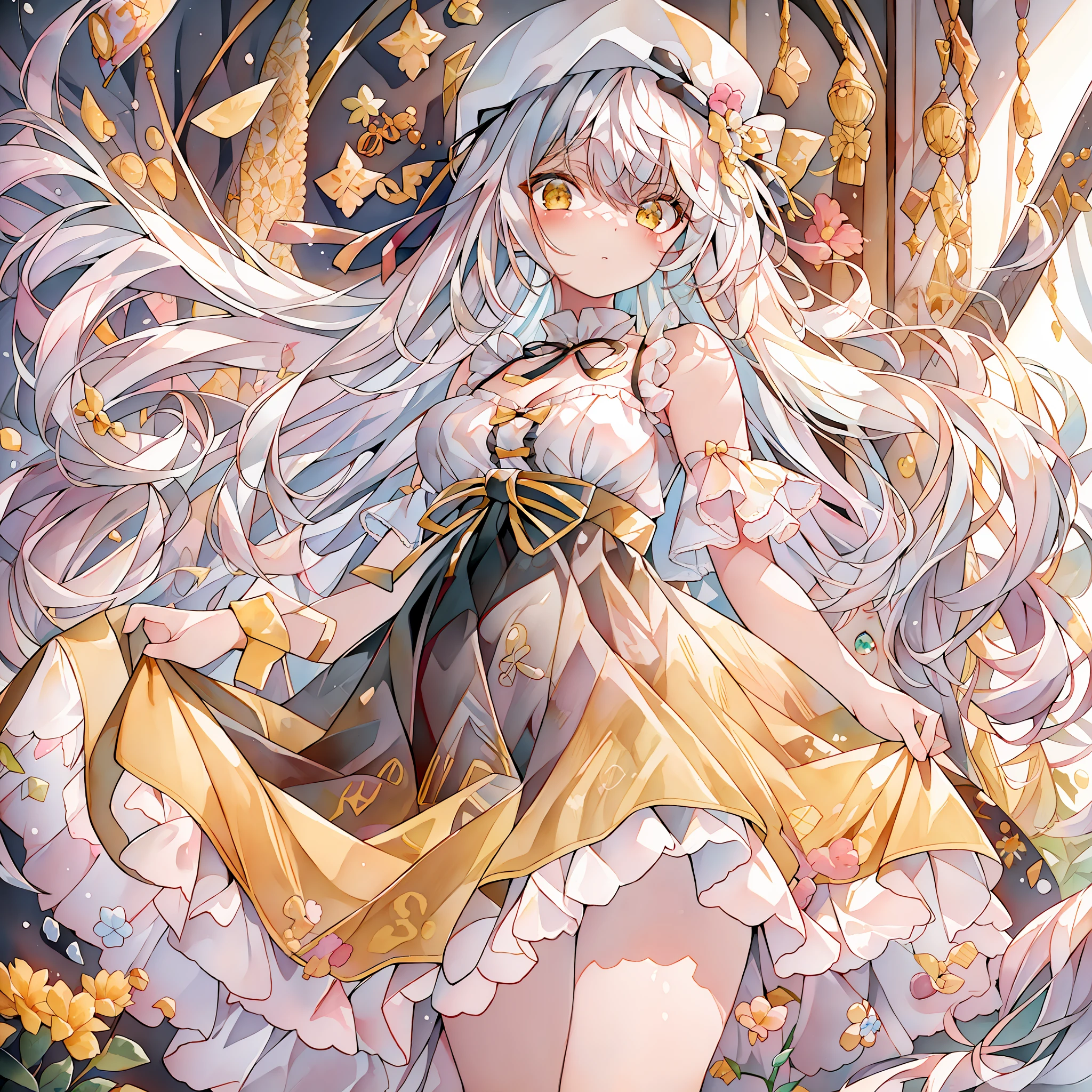 {{best quality}},{llustration},{beautiful detailed eyes},dynamic angle, 1 girl, (masterpiece, best quality:1.2),white hair,yellow eyes,cute face,**** face,white halter dress,{{border}},light,solo,{{white beret}},small breasts,****,{{full body}},stereogram,frilled dress,white and yellow theme,neck ribbon,criss-cross halter,strapless dress,white clothes,yellow diamond color crystal background,framed breasts,Blunt bangs,cleavage,navel