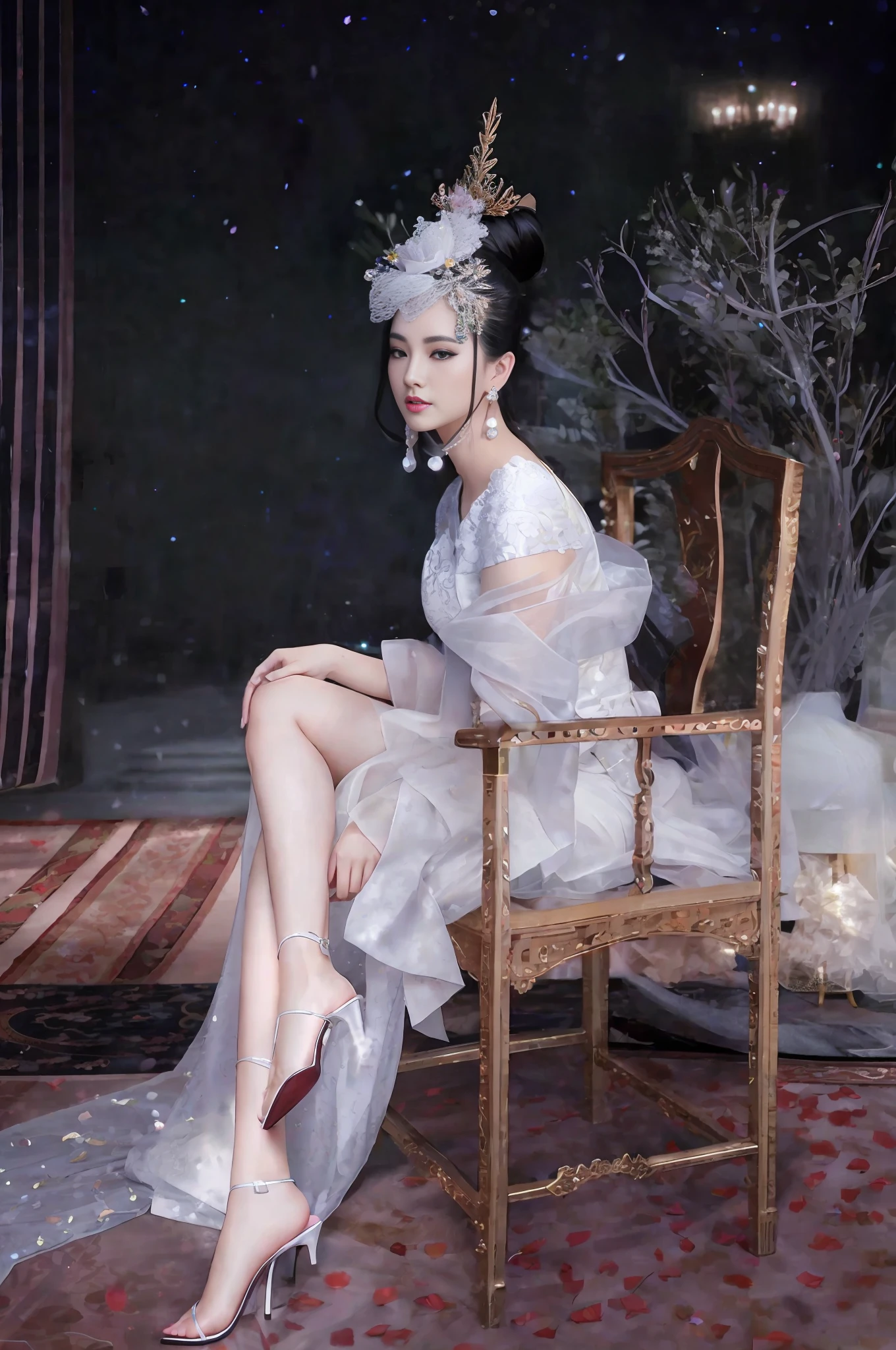 Pink skirt woman sitting on chair, long legs, bandeau long skirt, hanfu, black stockings, black stockings, black stockings, proud look, high heels, one high heel taken off, tall figure, interrogation room, interrogation room, one high heel dropped on the ground, one high heel dropped on the ground, side chest exposed, ultra-realistic 8k CG, perfect artwork, ((perfect female image)), mature woman, mature woman, narrow waist, Chinese goddess, looking at the audience, seductive pose, sexy pose, seductive, clean, Beautiful face, pure face, pale skin, black hair, glasses, wearing glasses, divine goddess, shiny skin, skin dents, lace, lace trim, lace-trimmed tights, delicate patterns, intricate details, (rich: 1.4), prestige, gorgeous, jewelry, gemstones, gold, silver, diamonds, glitter, sapphires, rubies, emeralds, pearls, amber, obsidian