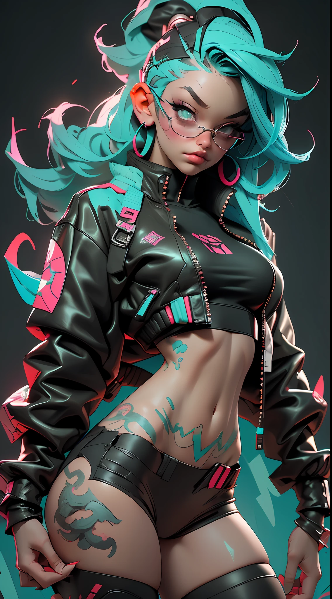((Best Quality)), ((Masterpiece)), ((Realistic)) and ultra-detailed photography of a 1nerdy girl with goth and neon colors. She has ((turquoise hair)), wears a tech-wear jacket and a black thong, red pattern:1.2, ((beautiful and aesthetic)), sexy, under-boobs, hot