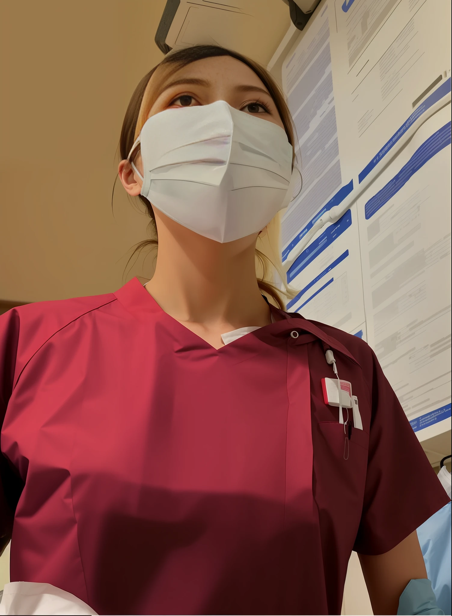 arafed woman wearing a mask and a red shirt, healthcare worker, wearing facemask, nurse, wearing mask, surgical mask covering mouth, nursing, wearing a mask, nurse girl, at the hospital in patient gown, colored photo, medical mask, wearing a hospital gown, wearing a white hospital gown, doctor, nurse uniform, the robot wearing her human mask