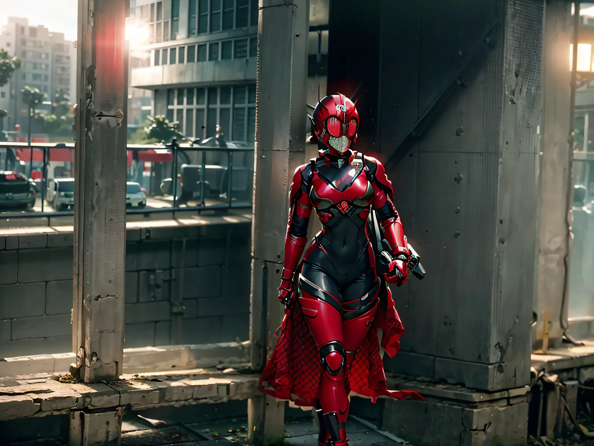 (mature content, best quality, 8k), crimson, female rider, kamen rider, (momentum: 1.3), serious face, hard lines, restrained temperament, mechanical texture,
