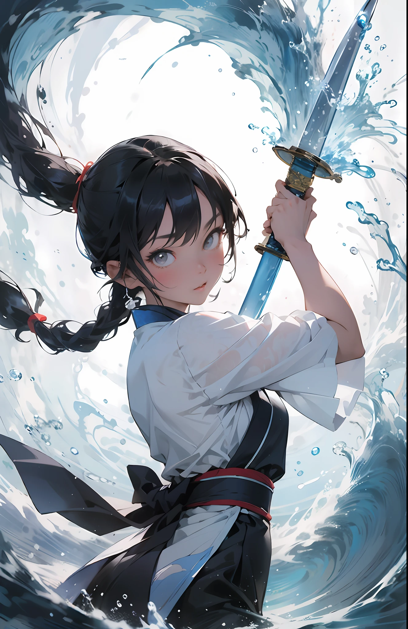 Masterpiece, 1girl, close up, wear blue hanfu, Chinese Traditional cloth, ((holding a water sword,)) long black hair, hair braid, blue wave background, water effect, ink painting style, dynamic pose, battle pose