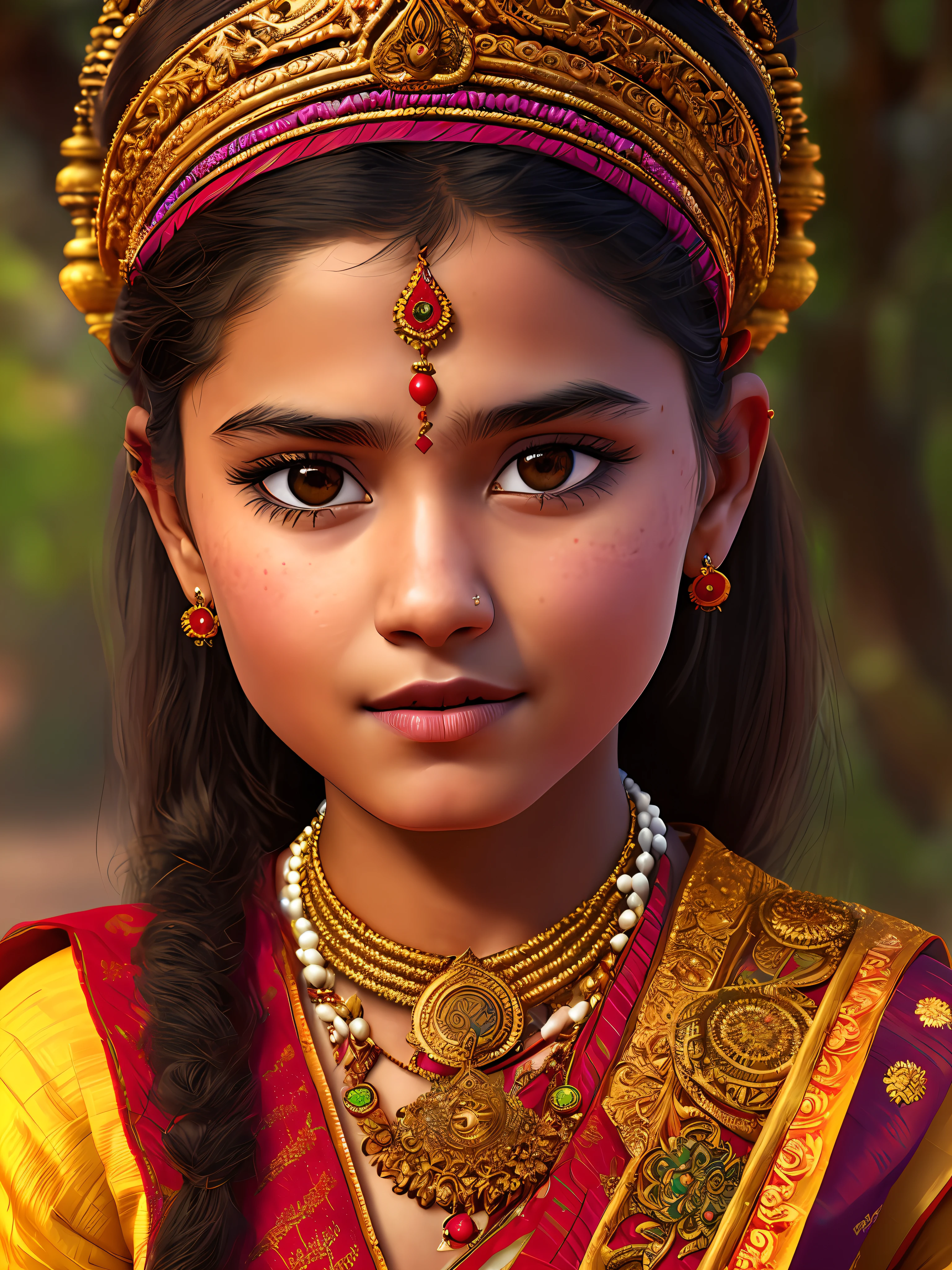 A portrait of a Hindu girl in typical costumes, 4K textures, HDR, intricate, highly detailed, sharp focus, hyper-detailed