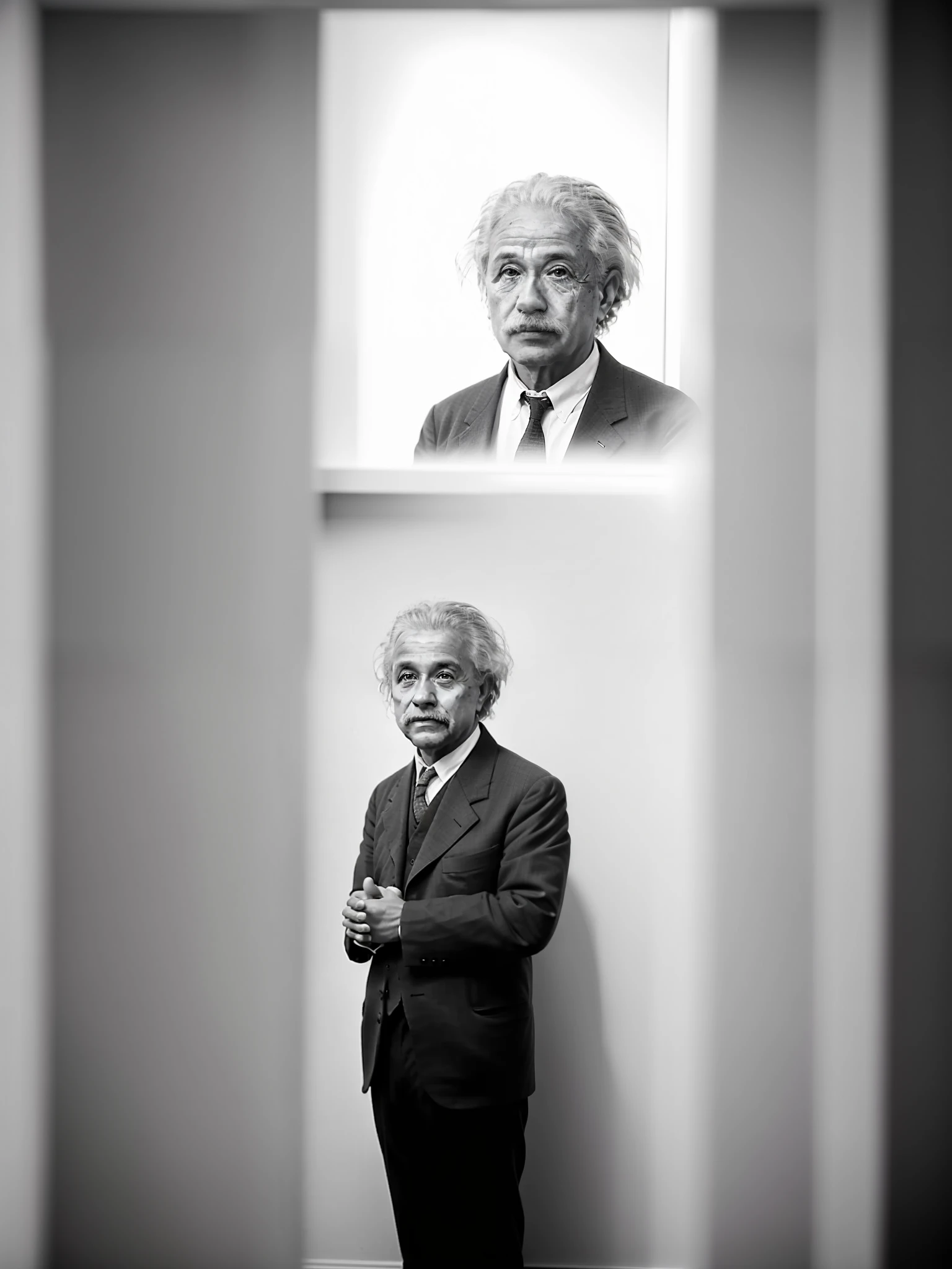 "Photo of Albert einstein very curious in a white room"