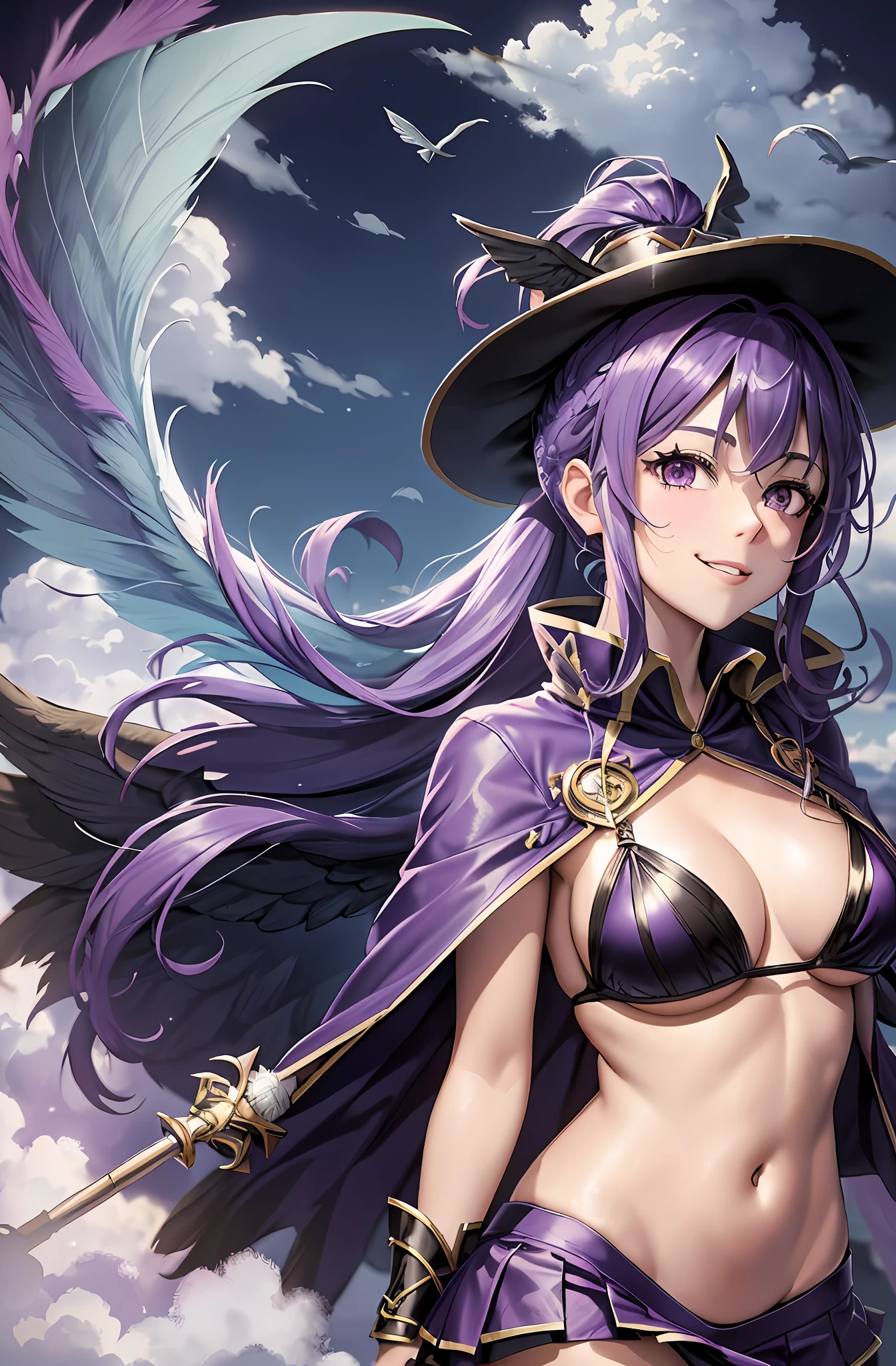 Ponytail. Longhair. Smiling bikini, purple hair. Big tits. Miniskirt. On the mountain. Clouds around. Angel wings on the back. Fly freely above the clouds. Magic broom. Wizard. Wizard Tongari hat. Magic robes. Purple Wings