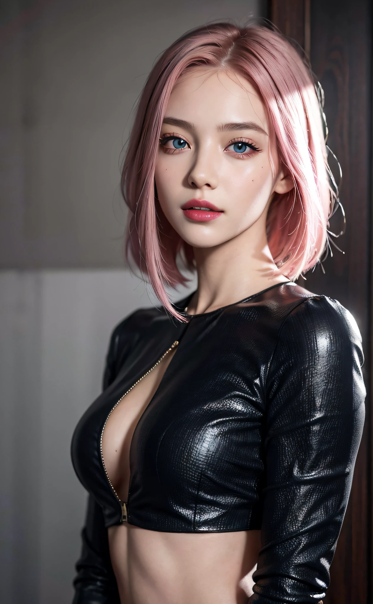 best quality, ultra high res, (photorealistic:1.4), (detailed beautiful girl:1.4), (medium breasts:0.8), looking_at_viewer, Detailed facial details, beautiful detailed eyes,pink hair, blue eyes, slender, haunting smile, (makeup:0.3), red lips, highly detailed clothes, (ulzzang-6500-v1.1:0.3)