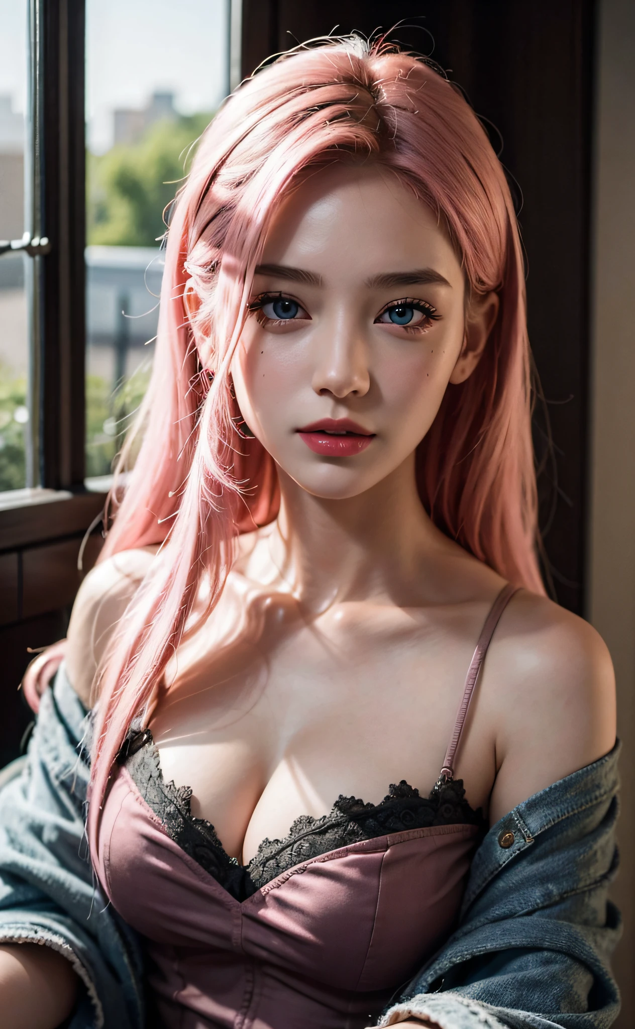 best quality, ultra high res, (photorealistic:1.4), (detailed beautiful girl:1.4), (medium breasts:0.8), looking_at_viewer, Detailed facial details, beautiful detailed eyes,pink hair, blue eyes, slender, haunting smile, (makeup:0.3), red lips, highly detailed clothes, (ulzzang-6500-v1.1:0.3)