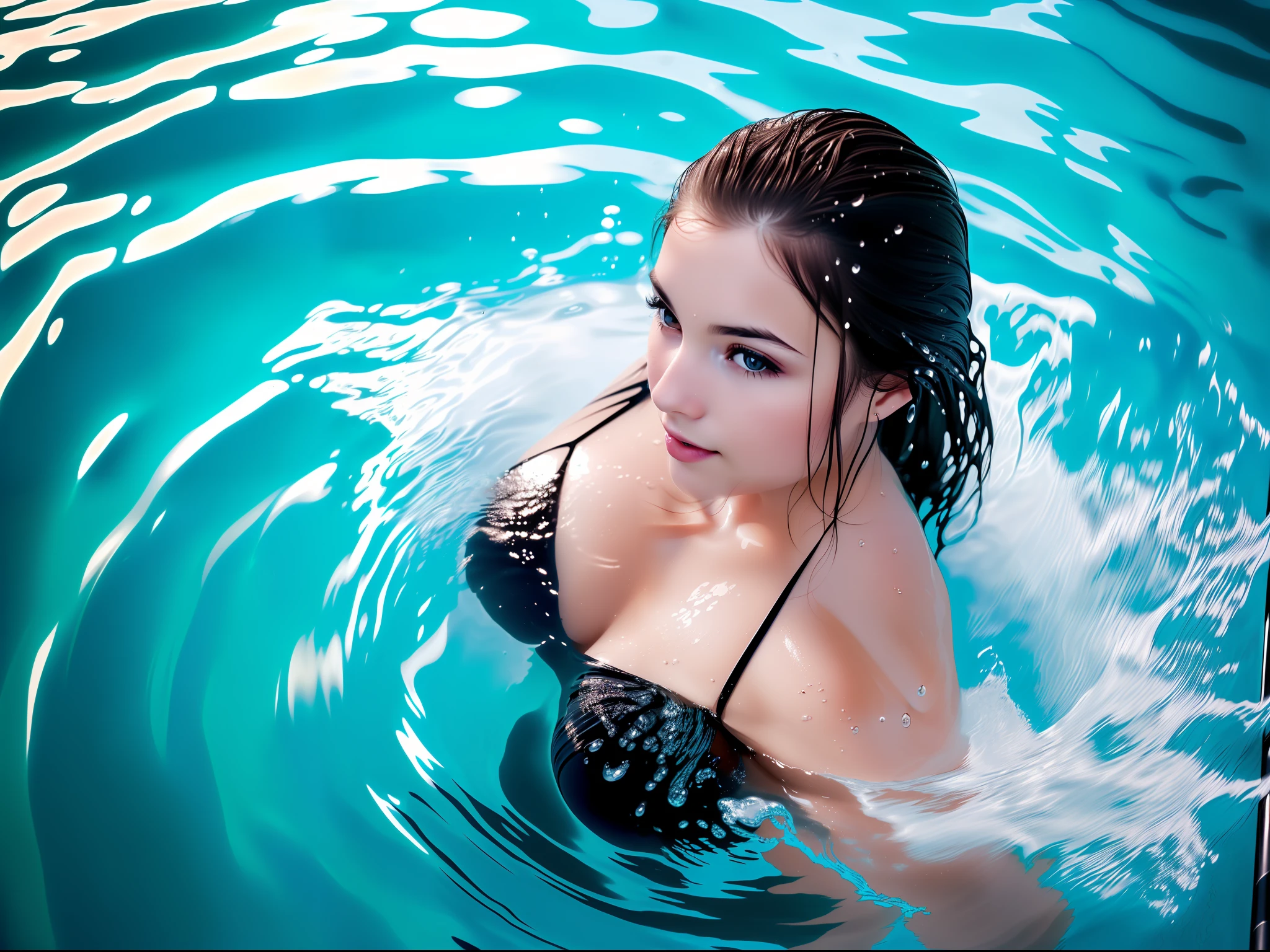 High angle shot photo, High angle view from above, Ultra detailed photo of face of beautiful woman, rise from water, water up to her shoulder, the pool, looking to the camera, high angle view, high angle shot, long hair, splashing waters and water drops around her, hyper realistic, photorealistic, chiaroscuro, high angle view, woman in pool, splashing waters,