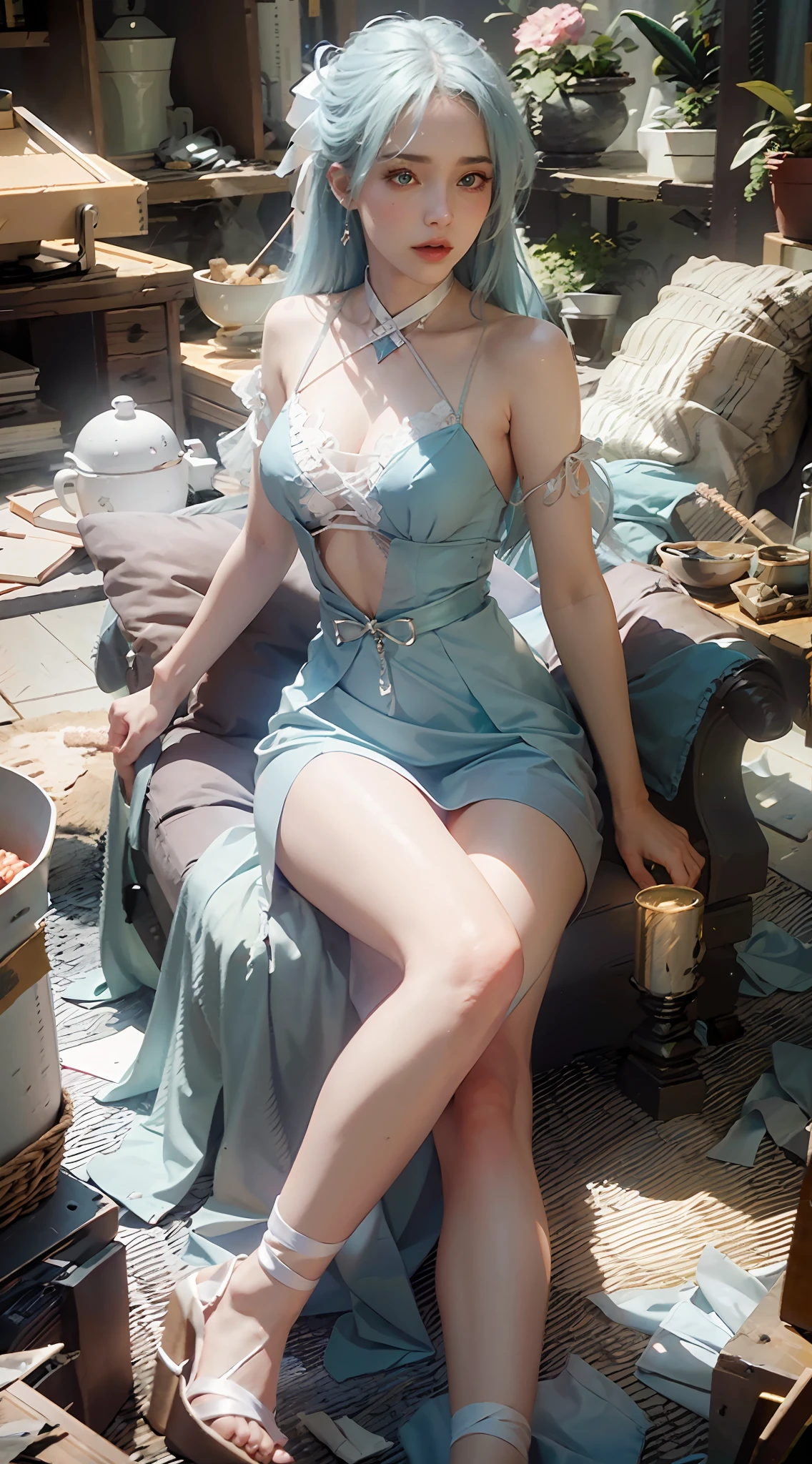 ((Best Quality)), ((Masterpiece)), (Details: 1.4), 3D, A Beautiful Beauty, (Long Light Blue Hair, Ribbon: 1.9), (Plain White Long Dress: 1.7), (Crystal High Heels: 1.6) (Green Eyes: 1.5), HDR (High Dynamic Range), Ray Tracing, NVIDIA RTX, Super-Resolution, Unreal 5, Subsurface Scattering, PBR Textures, Post-processing, Anisotropic filtering, depth of field, maximum sharpness and sharpness, multi-layer textures, albedo and specular mapping, surface shading, accurate simulation of light-material interactions, perfect proportions, Octane Render, bicolor light, large aperture, low ISO, white balance, rule of thirds, 8K RAW,