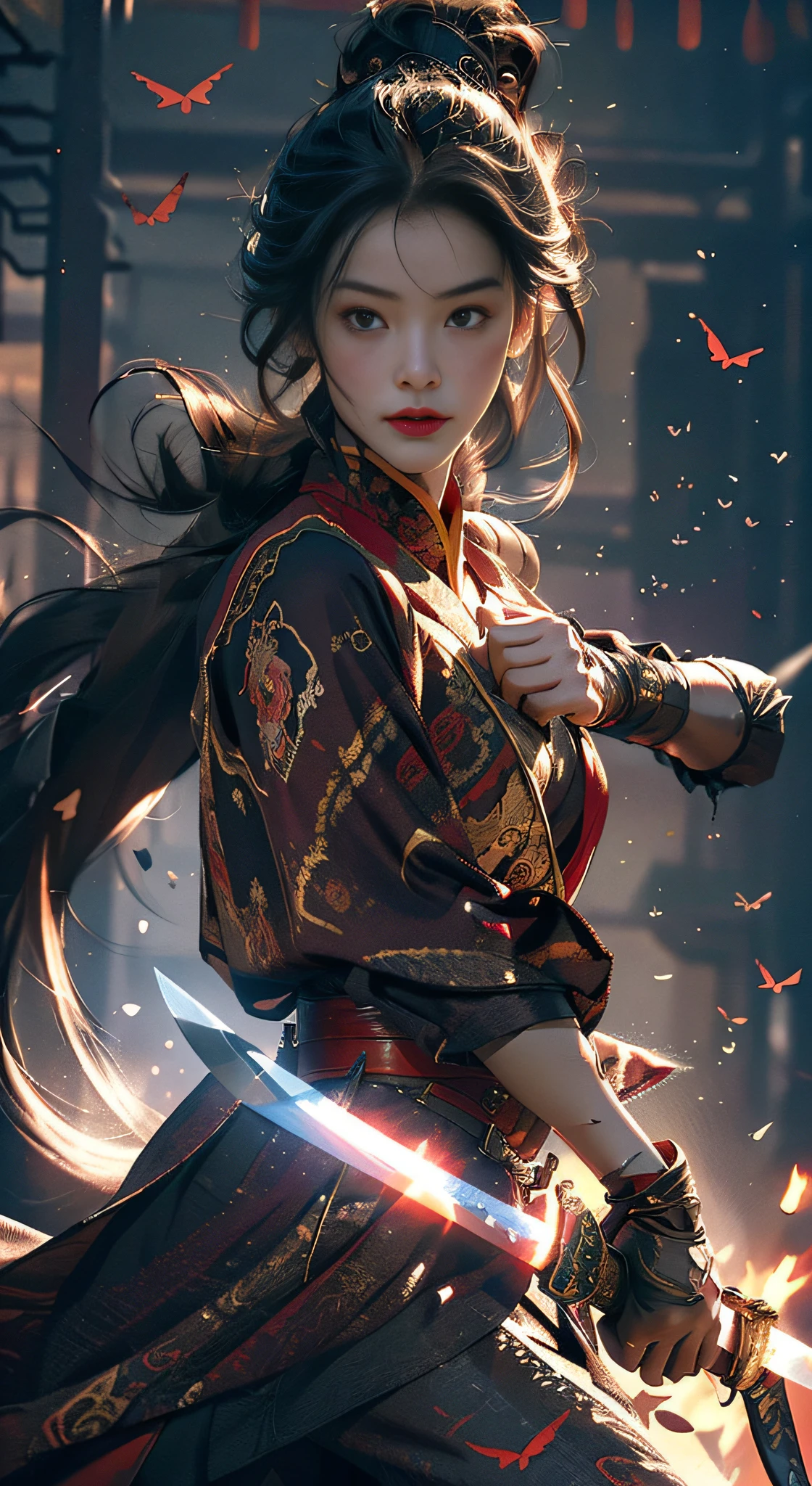 (Positive Focus), (In the Dark: 1), (Best Quality), (Realisticity: 1), Movie Poster, Realistic Skin Texture, Highly Detailed, 8k Wallpaper, Volume Lighting, Dynamic Lighting, A Girl, Black Ponytail Long Hair, Black Metal Armor, Red Belt, Black Armor, Shoulder Armor, Waist Guard, Hand Guard, Veil, Long Sword in front of Body, Ancient Chinese Style, Short Sword at Waist Style, Half-squat Attack Stance, Blood Stains, Broken Clothes, Ancient Chinese Battlefield, Ancient Soldiers Chasing and Killing, Arrows Flying, Fighting Fire, night, dramatic composition, sword qi surrounding, picture detail, war,