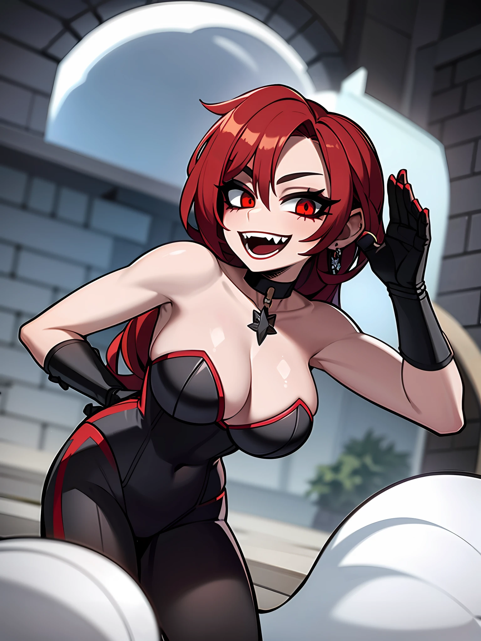 Female Gothic Demonia Character With Red Skin, Big Breasts, Smile, Open Mouth, Standing, Dark and Gloomy Environment, Moonlight(), Gothic Makeup(), Leather Choker()