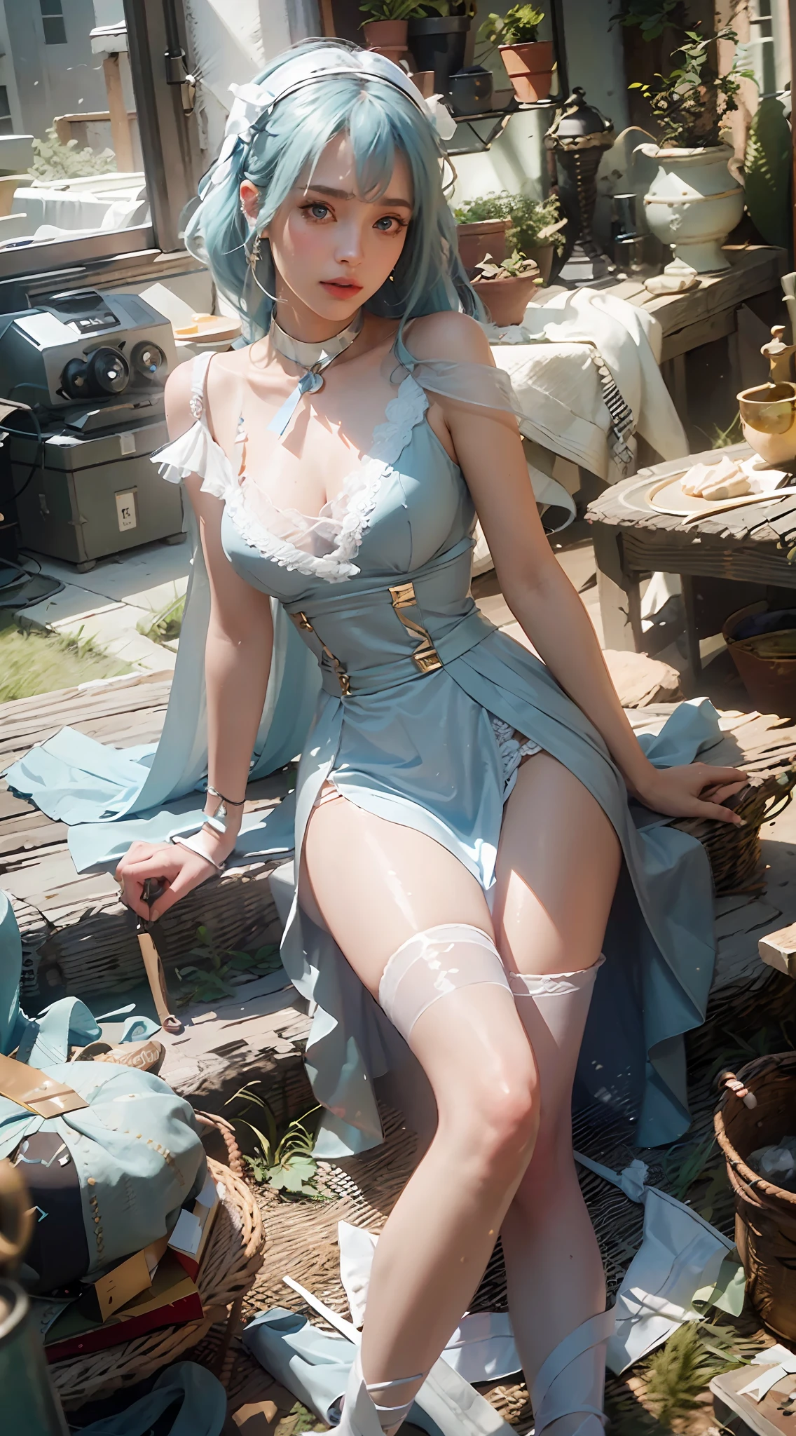 ((Best Quality)), ((Masterpiece)), (Details: 1.4), 3D, A Beautiful Beauty, (Long Light Blue Hair, Ribbon: 1.9), (Plain White Long Dress: 1.7), (Crystal High Heels: 1.6) (Green Eyes: 1.5), HDR (High Dynamic Range), Ray Tracing, NVIDIA RTX, Super-Resolution, Unreal 5, Subsurface Scattering, PBR Textures, Post-processing, Anisotropic filtering, depth of field, maximum sharpness and sharpness, multi-layer textures, albedo and specular mapping, surface shading, accurate simulation of light-material interactions, perfect proportions, Octane Render, bicolor light, large aperture, low ISO, white balance, rule of thirds, 8K RAW,