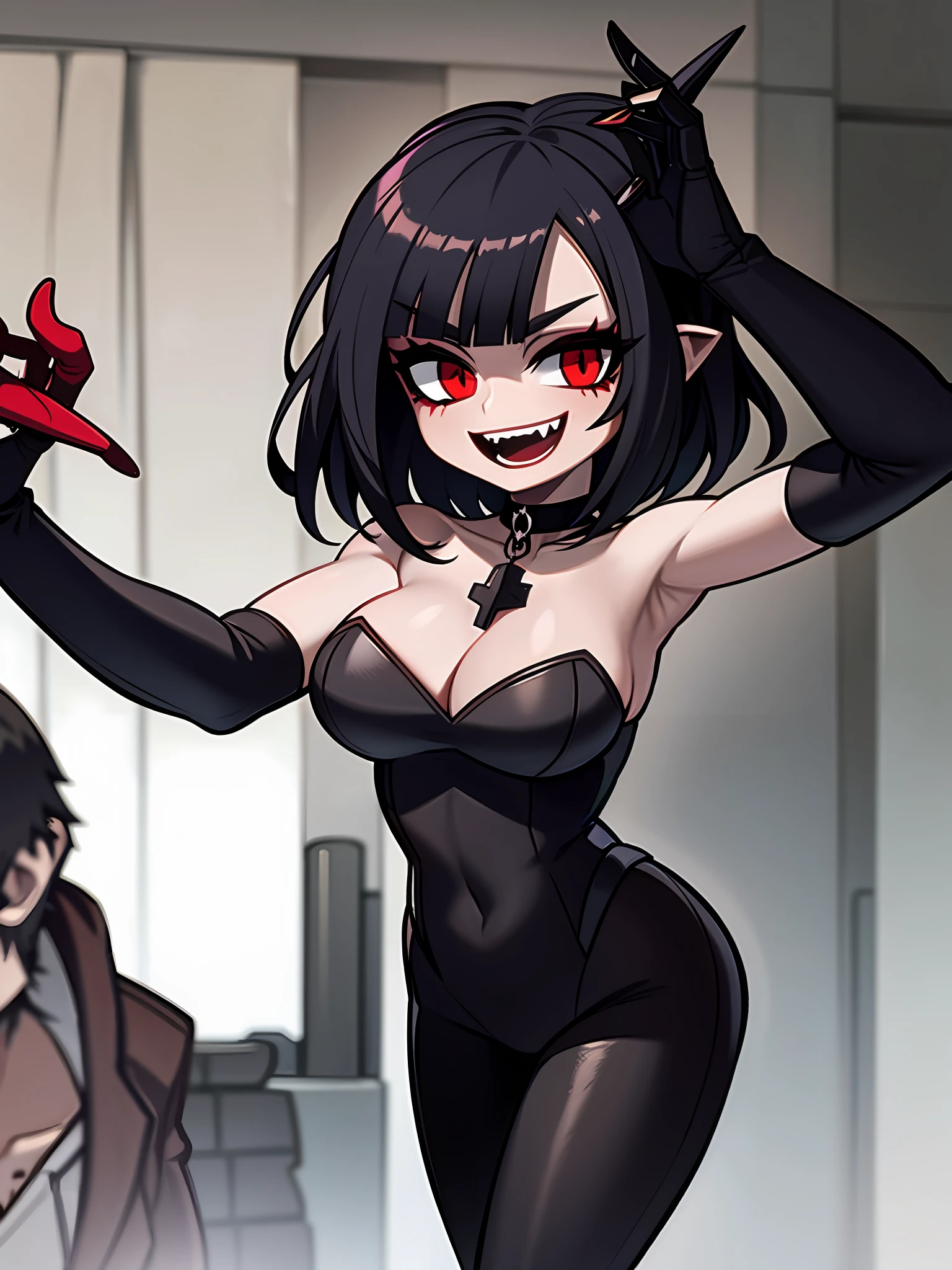 Female Gothic Demonia Character With Red Skin, Big Breasts, Smile, Open Mouth, Standing, Dark and Gloomy Environment, Moonlight(), Gothic Makeup(), Leather Choker()