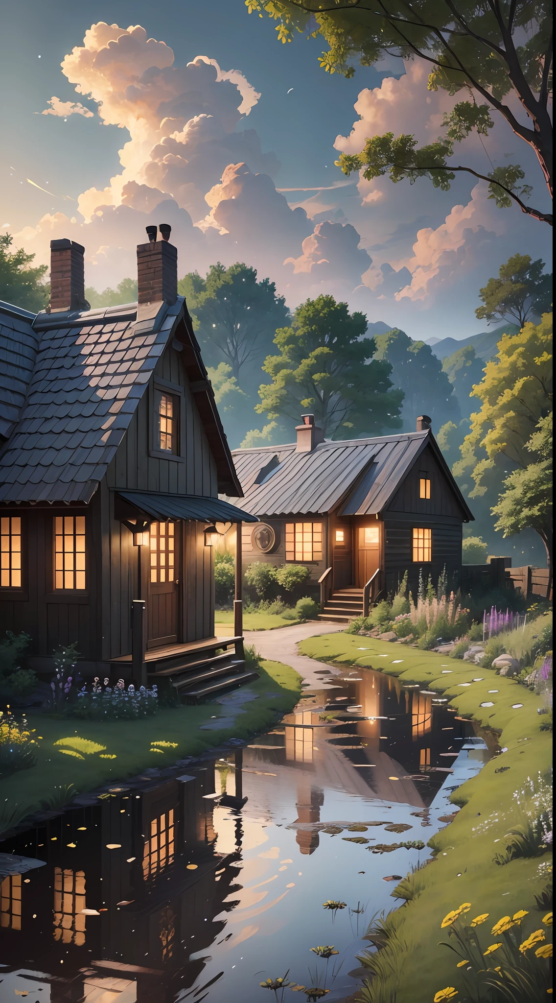 Countryside at night, winding cobblestone roads (1.4), roadsides overgrown with dandelions (1.2). In the distance, there is a small cabin, and the lights in the house shine through the window in the pond behind the house. Fireflies fall on dandelions. Shinkai Makoto style, extreme detail, HD, masterpiece, best quality, (very detailed CG unified 8k wallpaper) --auto --s2