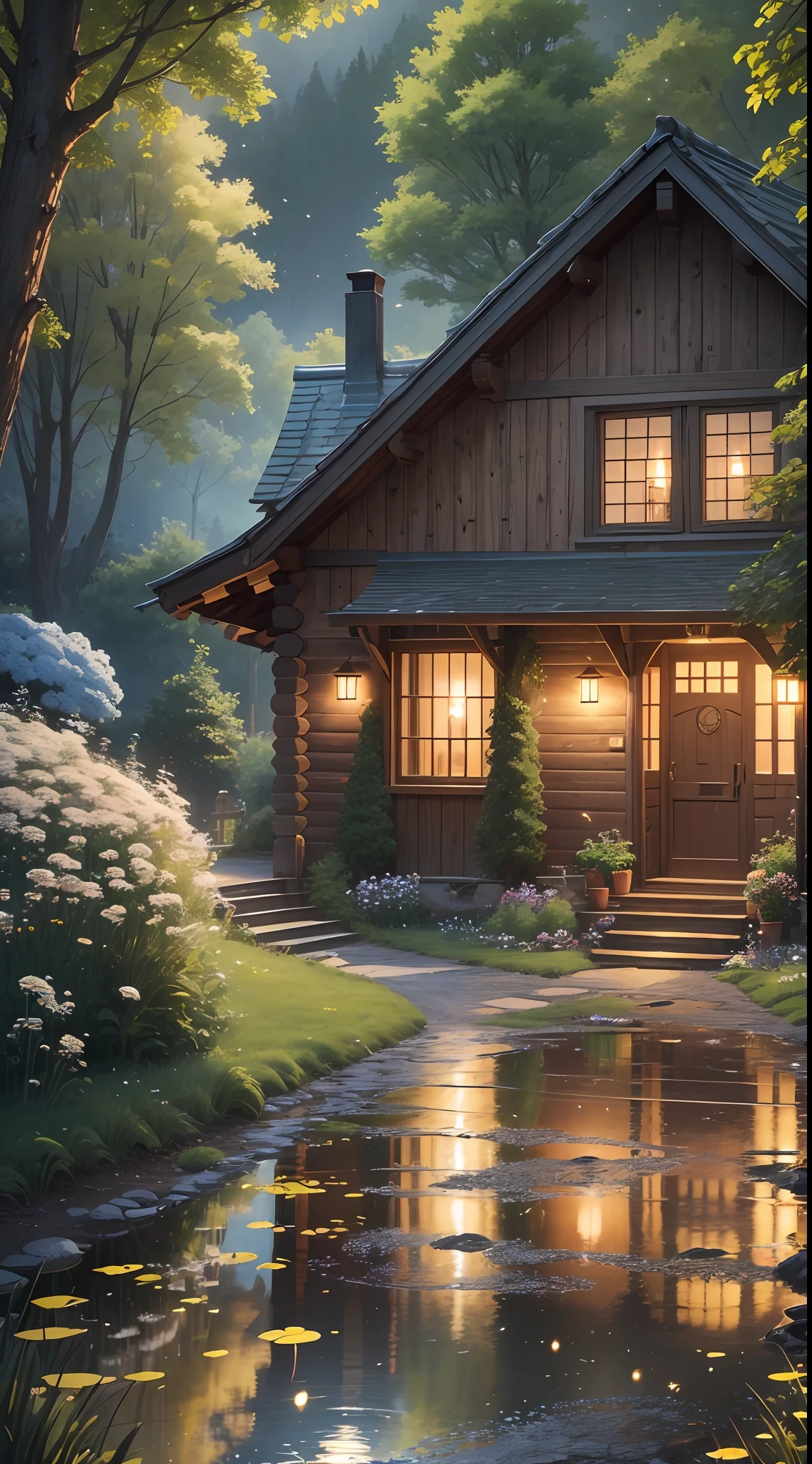 Countryside at night, winding cobblestone roads (1.4), roadsides overgrown with dandelions (1.2). In the distance, there is a small cabin, and the lights in the house shine through the window in the pond behind the house. Fireflies fall on dandelions. Shinkai Makoto style, extreme detail, HD, masterpiece, best quality, (very detailed CG unified 8k wallpaper) --auto --s2