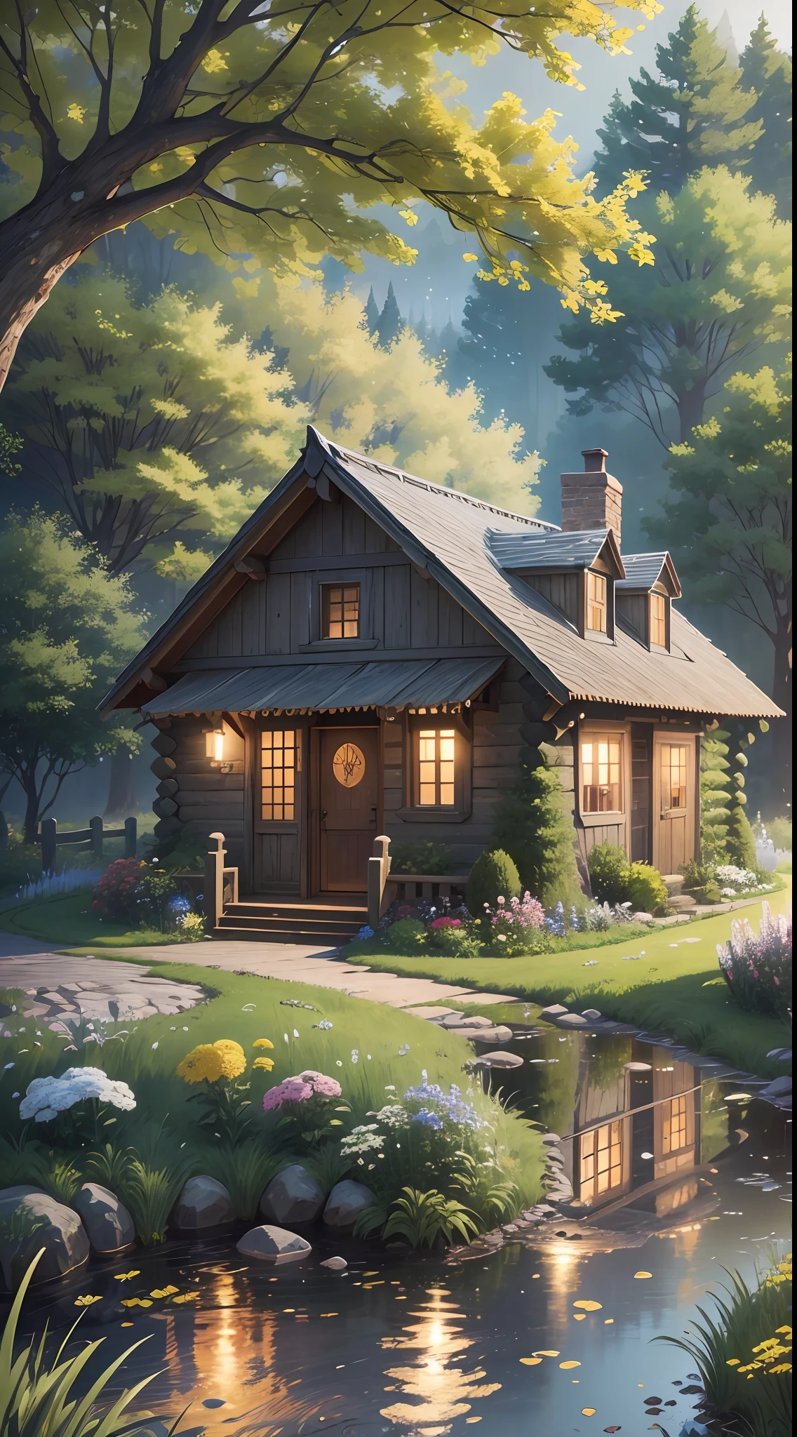 Countryside at night, winding cobblestone roads (1.4), roadsides overgrown with dandelions (1.2). In the distance, there is a small cabin, and the lights in the house shine through the window in the pond behind the house. Fireflies fall on dandelions. Shinkai Makoto style, extreme detail, HD, masterpiece, best quality, (very detailed CG unified 8k wallpaper) --auto --s2