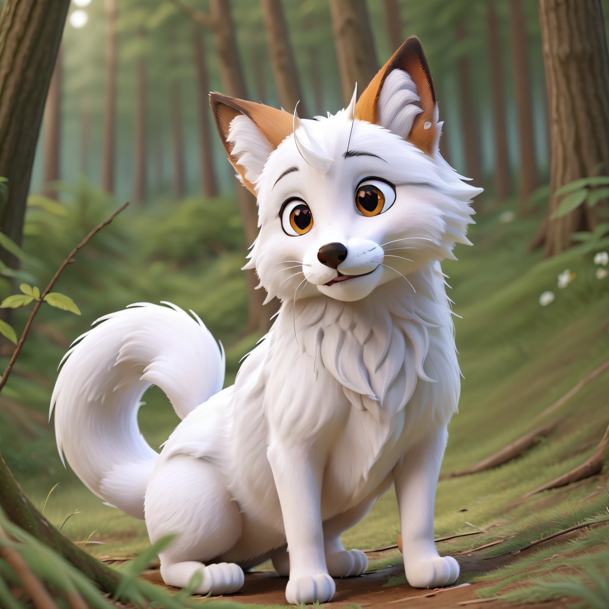 Masterpiece, best quality, close-up of a fox, close-up, background forest, three tails, pure white hair, pure white all over, perfect details, perfect painting - auto --s2