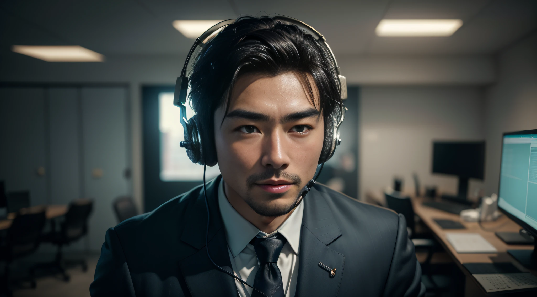 (8k, RAW photo, best quality, masterpiece: 1.2), (realistic, photo realistic: 1.37), 1man, broadcast room, asian man, handsome suit, headset on head, computer, chair, desk, broadcasting equipment, indoor lighting