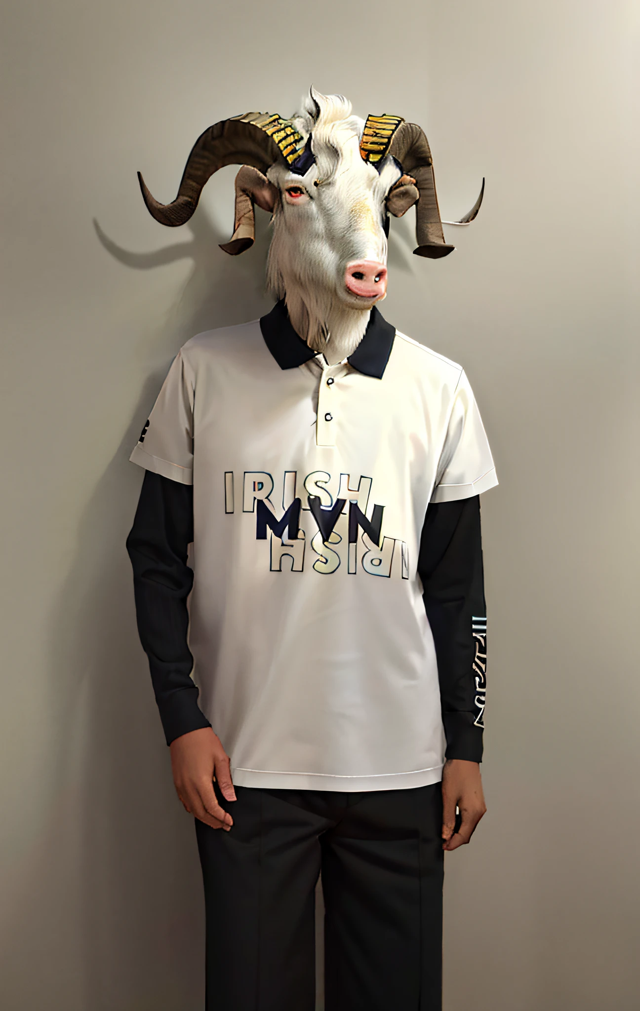 arafed goat head mounted on a wall with a man wearing a polo shirt, inspired by Pál Szinyei Merse, ( ivory black ), “pig, inspired by Zoran Mušič, milkman, inspired by Edo Murtić, wearing polo shirt, dofresh, inspired by Johannes Mytens, jovana rikalo