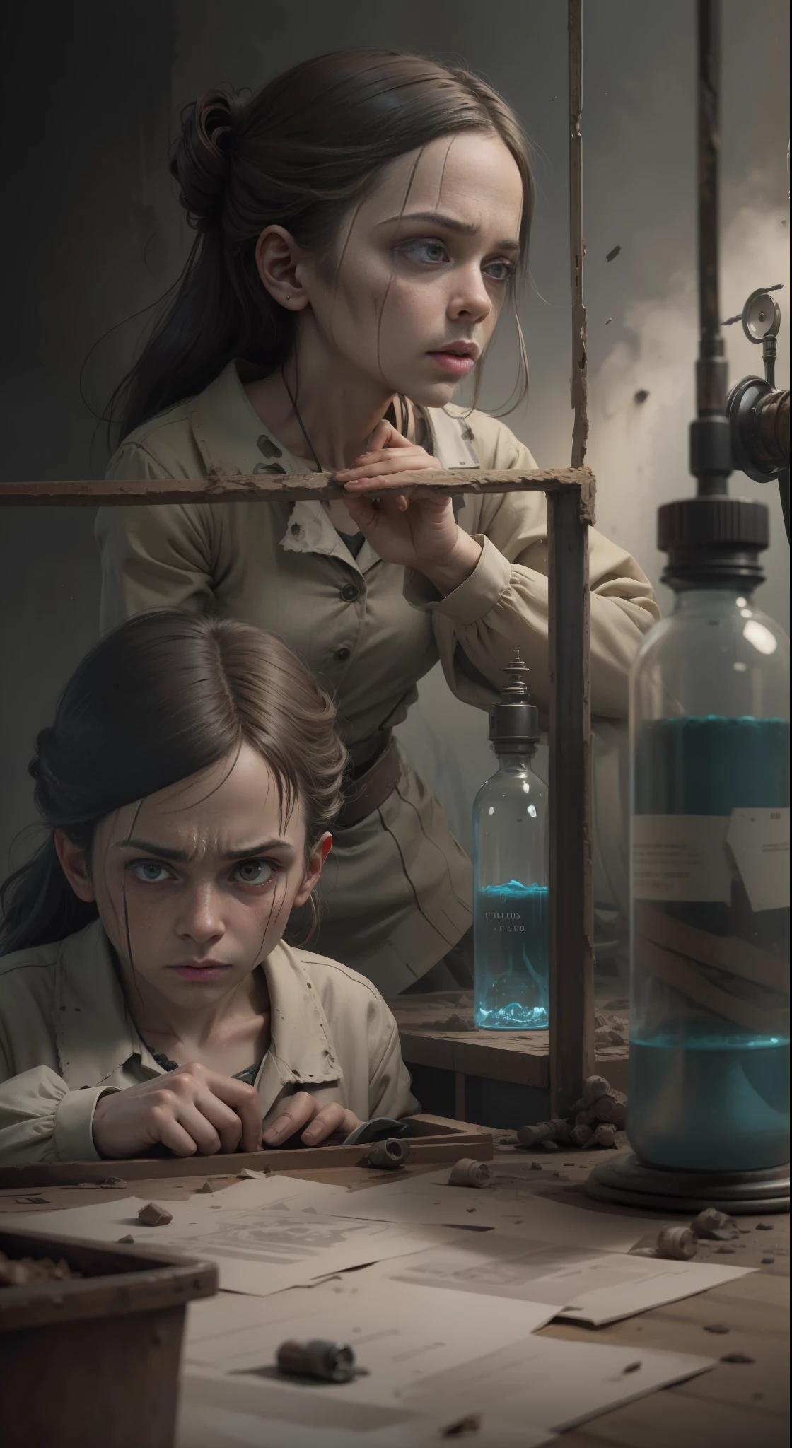 Create an ultra-high-resolution 8K cinematic image that depicts Josef Mengele's macabre laboratory during the Holocaust. Explore a wealth of intricate details, from the scientific equipment to the twins' bodies. Use true-to-life, deep colors to bring maximum quality to the image. Highlight the expression of sadism on Mengele's face, contrasting with the agony and despair of the twins. The image must convey a disturbing realism and engage the viewer in the whole atrocity of the experiments.