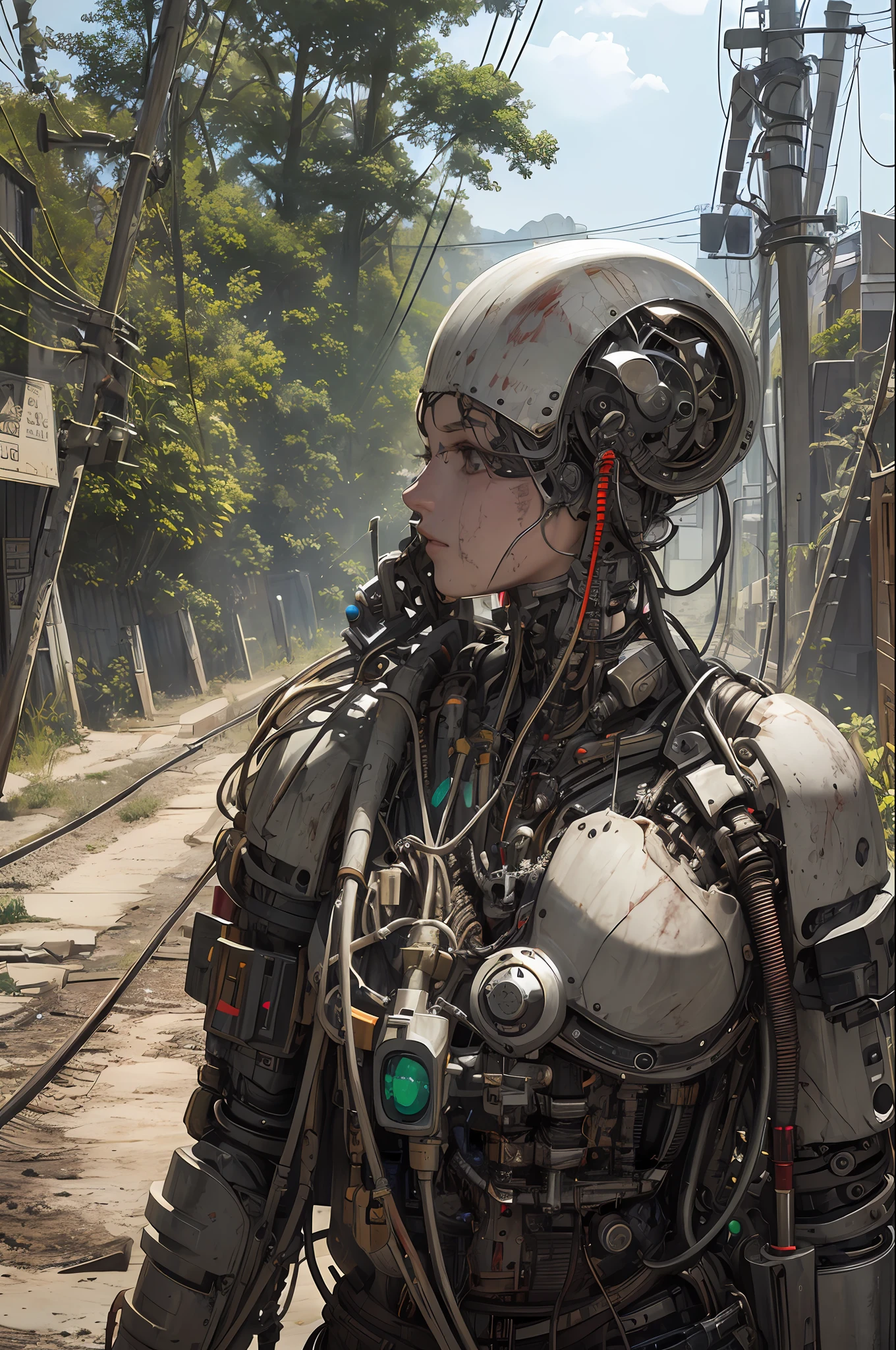 (masterpiece, superior quality, best quality, official art, beautiful and aesthetic: 1.2), (1girl: 1.3), different poses, various angles, looking at the viewer, extremely detailed, colorful, more detailed ((ultra-detailed)), (highly detailed CG illustration), ((an extremely delicate and beautiful)),(side),cinematic light,((1mechanical girl)),solo,whole body,(machine-made joints:1.2),((mechanical limbs)),(blood vessels connected to tubes), (mechanical vertebra attached to the back),((mechanical cervial attached to the neck)),(sitting),expressionless,(wires and cables attached to the neck:1.2),(wires and cables in the head:1.2)(focus on the character),science fiction, white background, (blood: 1,5), wide scenery, destroyed background, post apocalyptic scenario, ultra detailed background, broken monitors in the background, vegetation mixed with technology, nature controlling the technology in the background