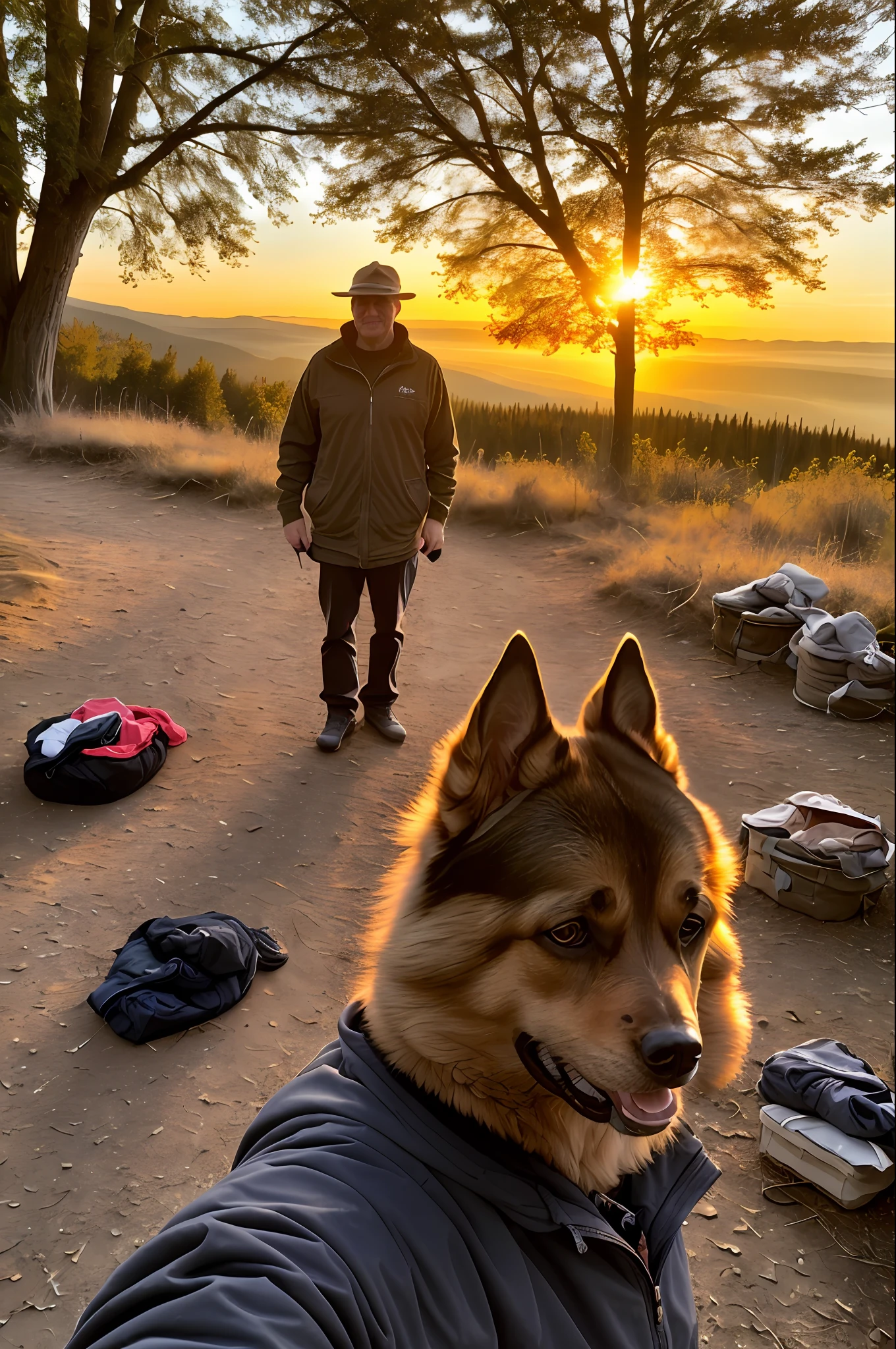 1 German Shepherd dog ((upper body selfie, happy)), masterpiece, best quality, ultra-detailed, solo, outdoor, (night), mountains, nature, (stars, moon) cheerful, happy, other friends dogs, feed bag, pack, German shepherd, dogs, humans in the background, campfire, puppies, feed, forest, rocks, river, wood, smoke, shadows, contrast, clear sky, style, (warm hue, warm tone): 1.2), close-up, cinematic light, side lighting, ultra high resolution, best shadow, RAW, upper body, old man, wearing pullover