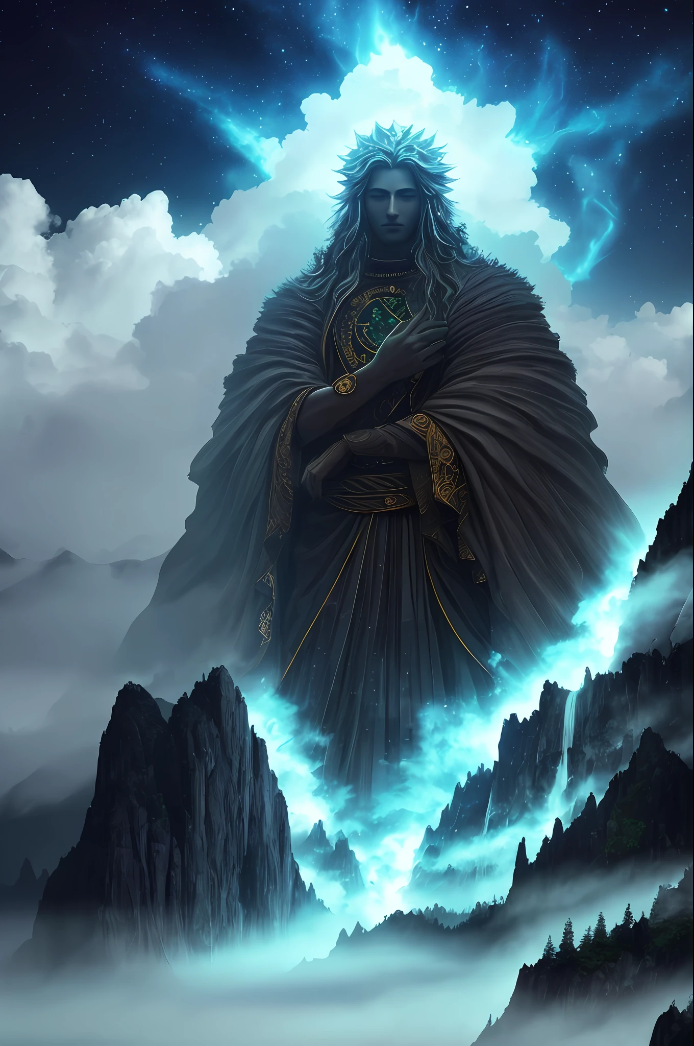 On top of a majestic mountain, an individual finds himself shrouded in clouds that dance around him. His presence radiates a spiritual energy so powerful that the clouds are repelled by an elemental force emanating from his being.
With his feet firmly on the rocky ground, the individual raises his arms to the sky, his imposing figure contrasting with the vastness around him. Your spirit resonates with the energy of nature, a deep connection to the primordial elements that rule the world.
A radiant light radiates from your body, creating an energy field that extends beyond the clouds. The spiritual force of the individual is so intense that it repels the masses of steam around him, revealing a glimpse of the magnificent and natural immensity that extends beyond the clouds.
The landscape below is breathtaking. Mountains stretch like sleeping giants, covered in lush vegetation and crystal clear waterfalls. A serene valley stretches in the distance, with rivers winding through verdant forests.
The elemental energy emanating from the individual envelops the entire scene, creating a magical, power-laden atmosphere. The wind whispers in response to his presence, echoing the ancient secrets of the land.
As long as the individual remains at the top of the mountain, his spiritual force continues to interact with the world around him. Nature responds to your call by renewing and flourishing with renewed vitality.
In this moment of serenity and power, the individual understands the delicate balance between humanity and the natural world. Your deep connection to the elements enables you to be a guardian of nature, maintaining the harmony between the magnificent immensity and spirituality that permeates the world around you.