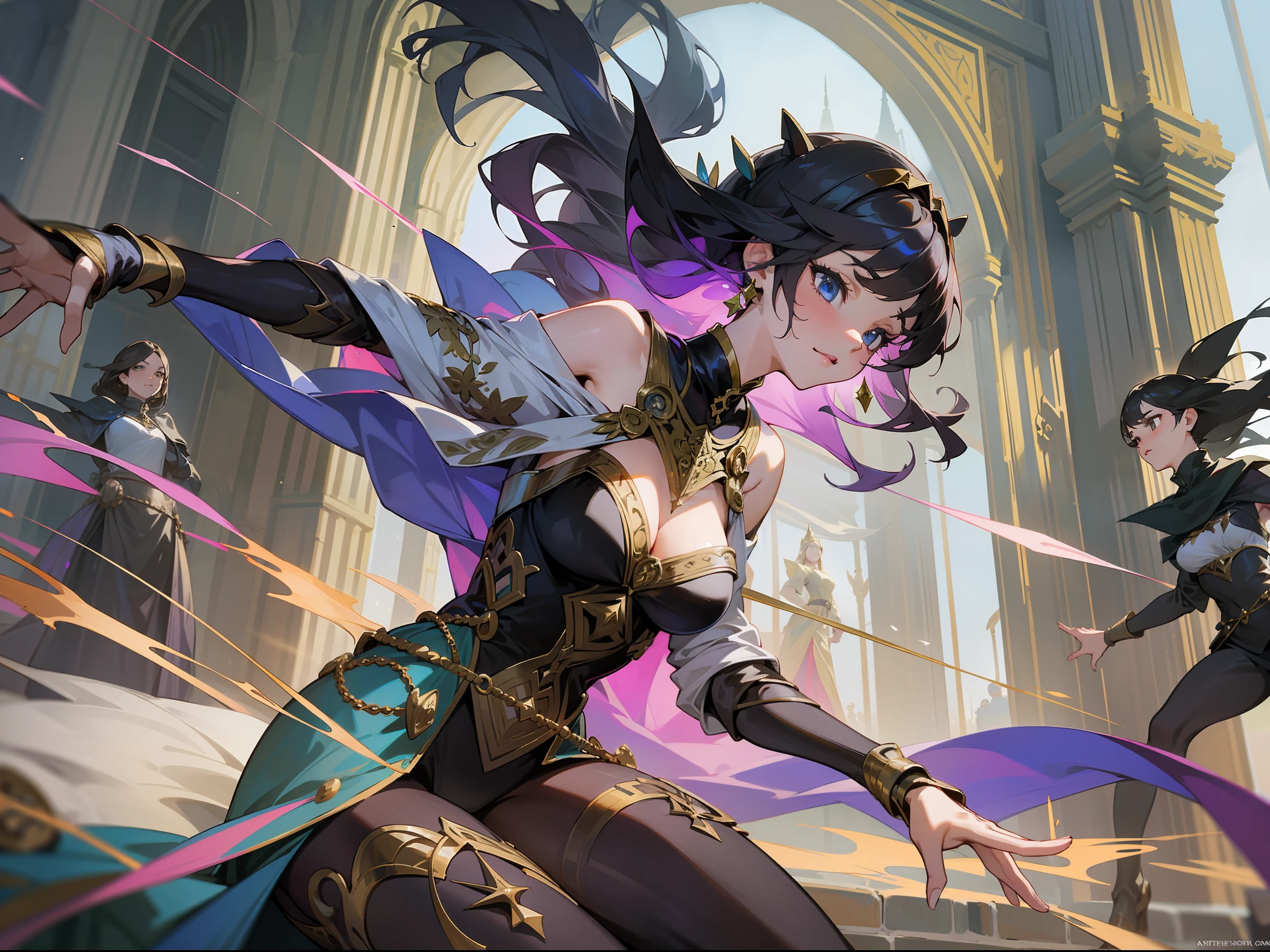 Masterpiece, best quality, women, a group of sorceresses, manipulating elements of nature, fantasy, medieval, in a battle arena, dynamic pose, beautiful detailed brilliance.